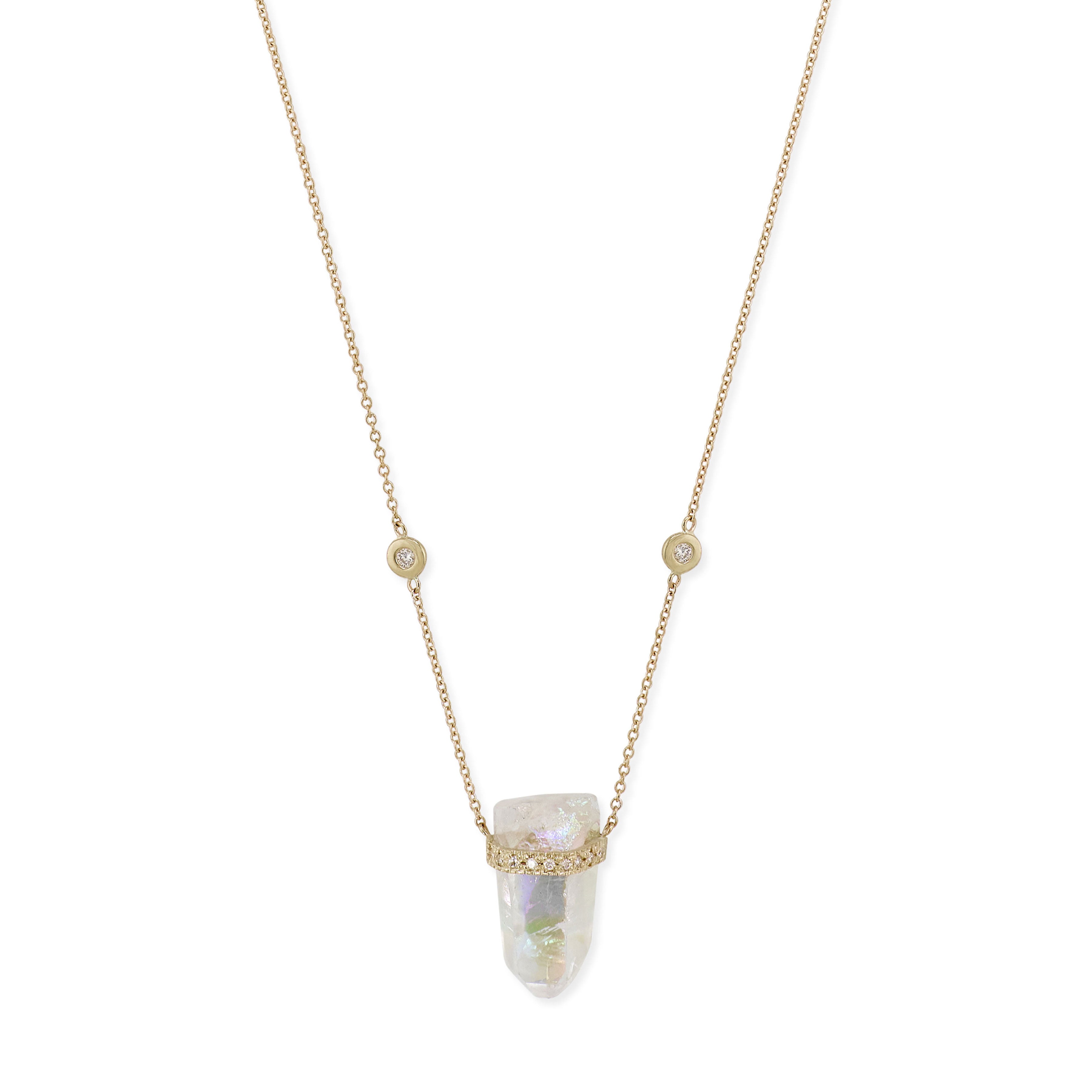 1 Row Pave Diamond Cap Aura Quartz Crystal Necklace
