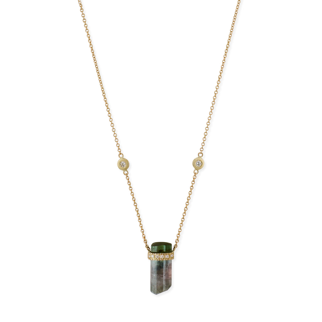 1 Row Pave Diamond Cap Green Tourmaline Crystal Necklace
