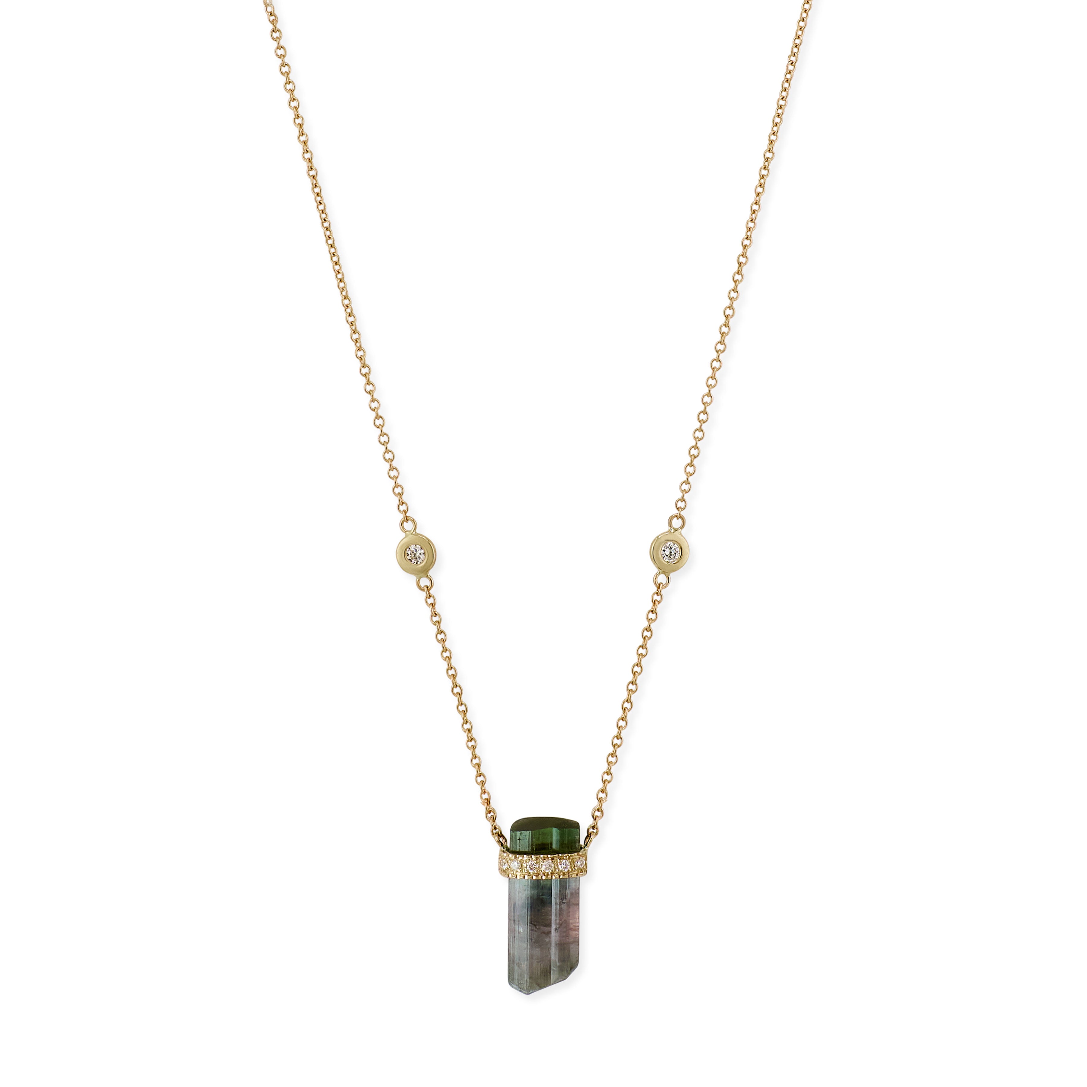 1 Row Pave Diamond Cap Green Tourmaline Crystal Necklace