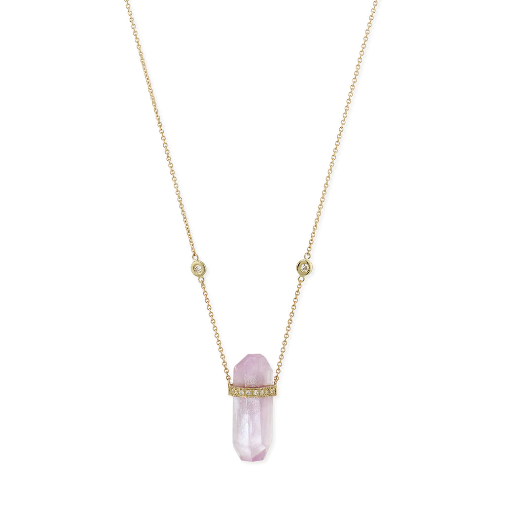 1 Row Pave Diamond Cap Kunzite Crystal Necklace