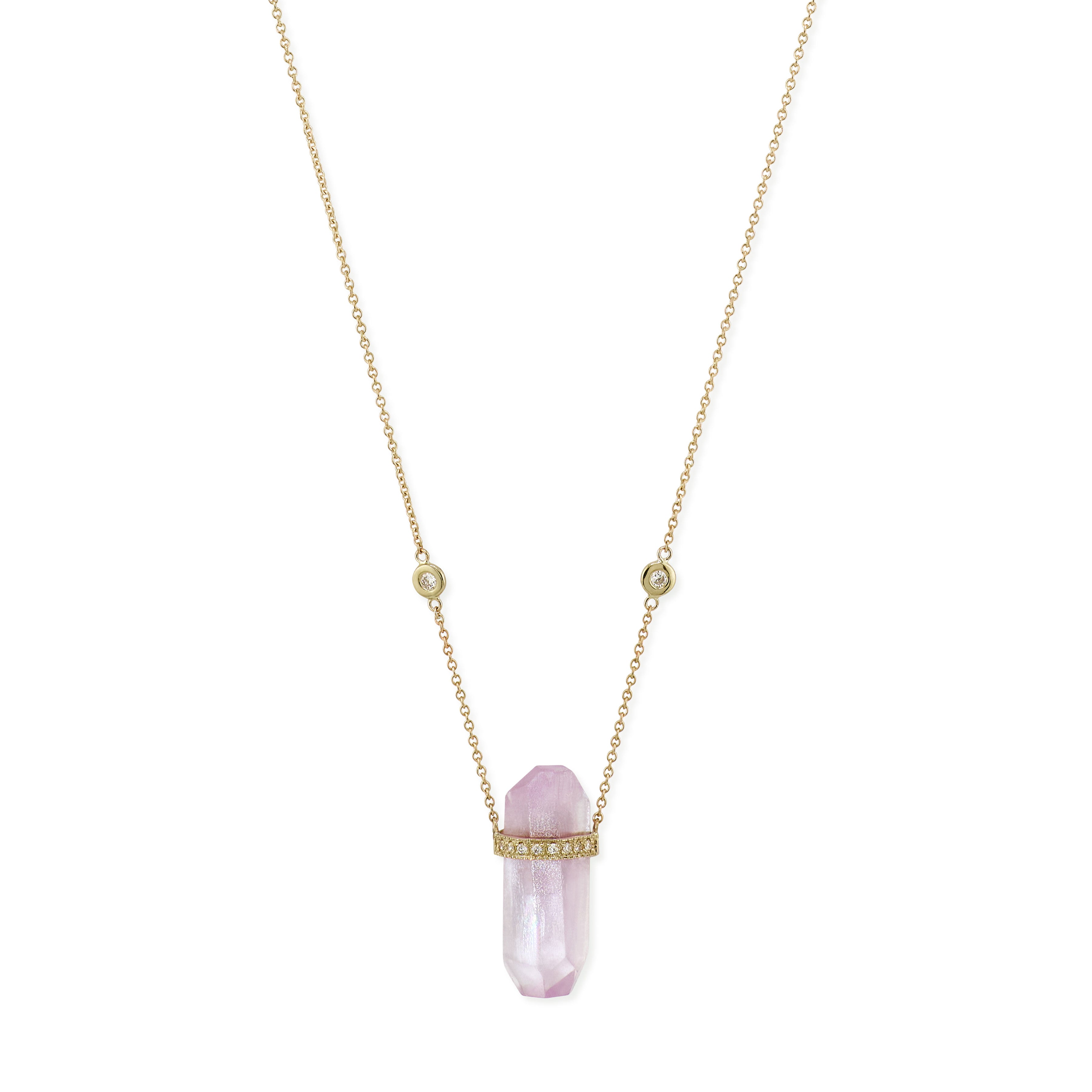 1 Row Pave Diamond Cap Kunzite Crystal Necklace