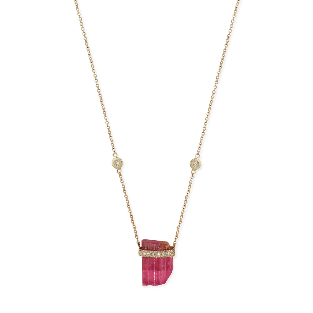 1 Row Pave Diamond Cap Pink Tourmaline Crystal Necklace
