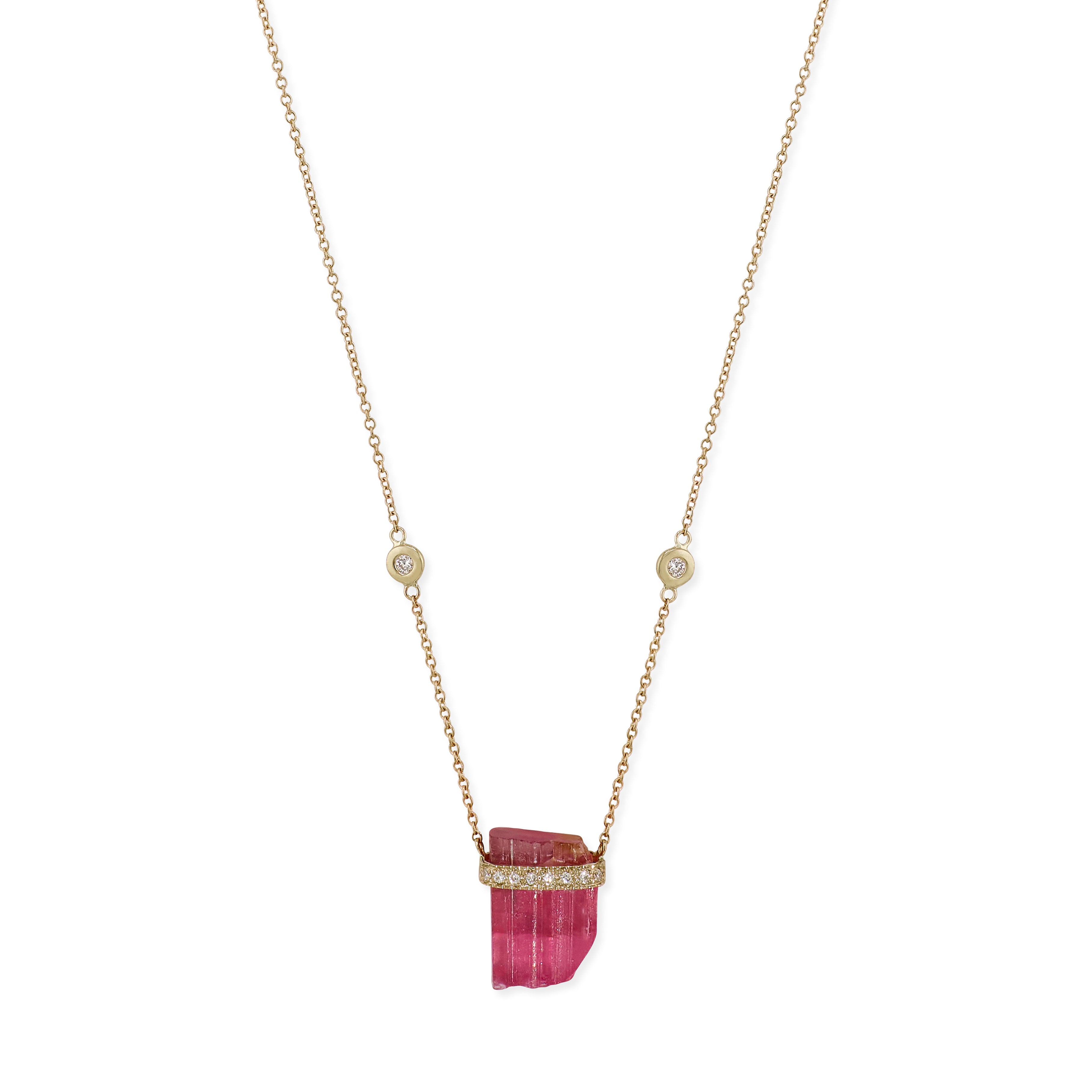 1 Row Pave Diamond Cap Pink Tourmaline Crystal Necklace