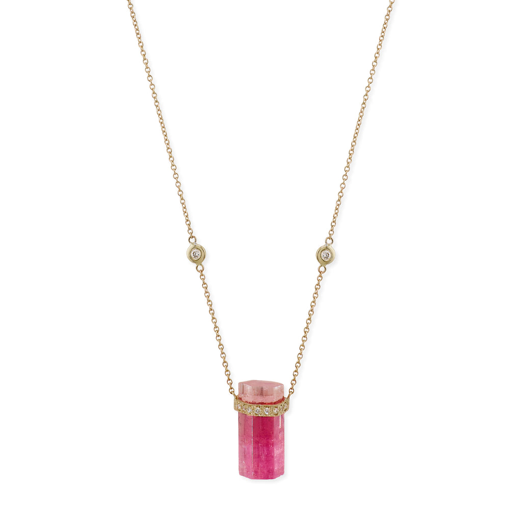 1 Row Pave Diamond Cap Pink Tourmaline Crystal Necklace