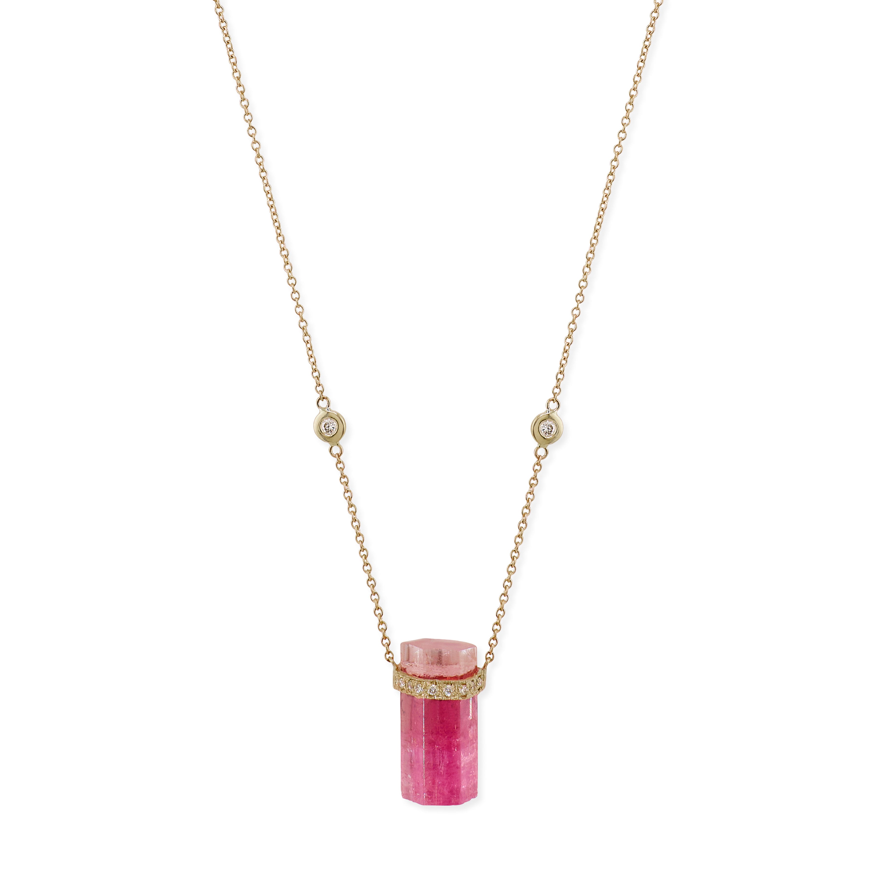 1 Row Pave Diamond Cap Pink Tourmaline Crystal Necklace