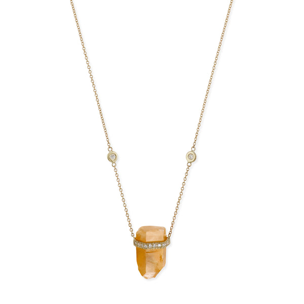 1 Row Pave Diamond Cap Tangerine Lemurian Crystal Necklace