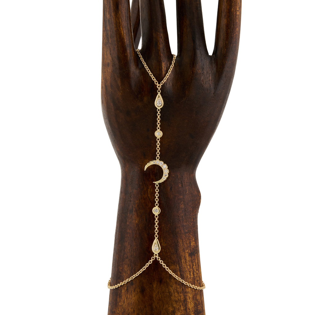 Round + Teardrop Diamond Pave Crescent Moon Finger Bracelet