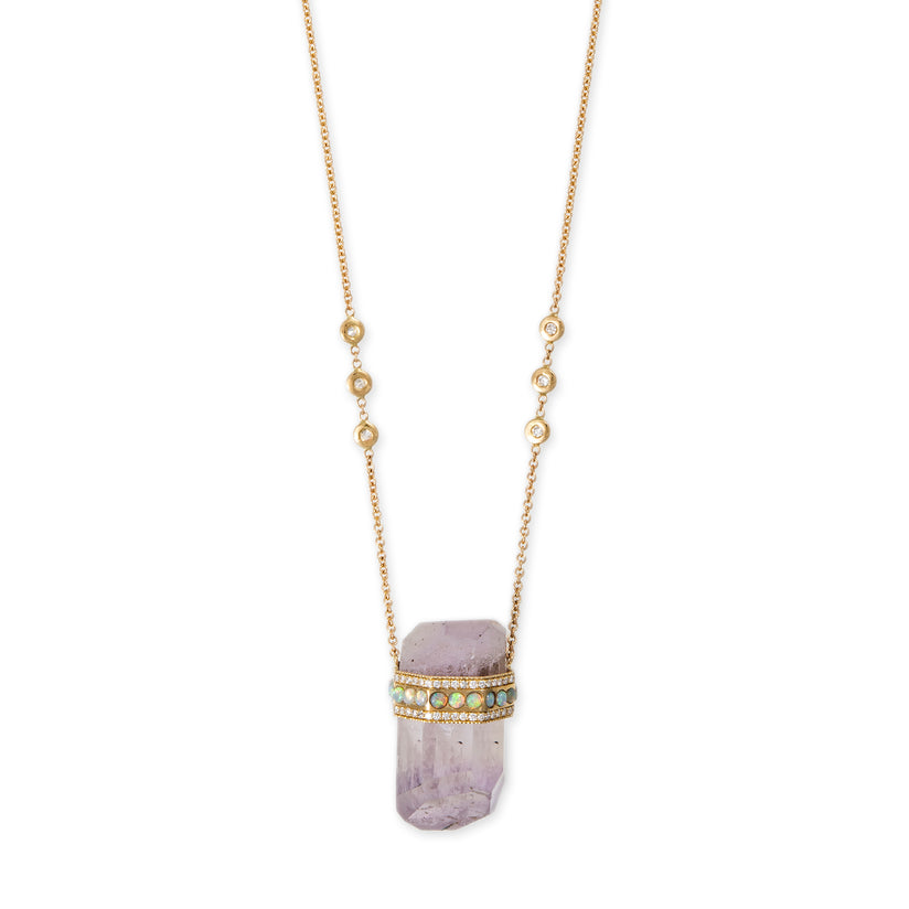 PAVE 14 ROUND OPAL CAP + AMETHYST CRYSTAL NECKLACE