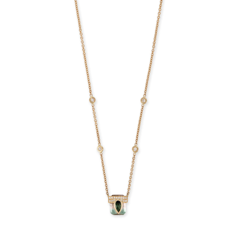 PAVE GREEN TOURMALINE TEARDROP CAP + LIGHT WATERMELON TOURMALINE BAGUETTE NECKLACE