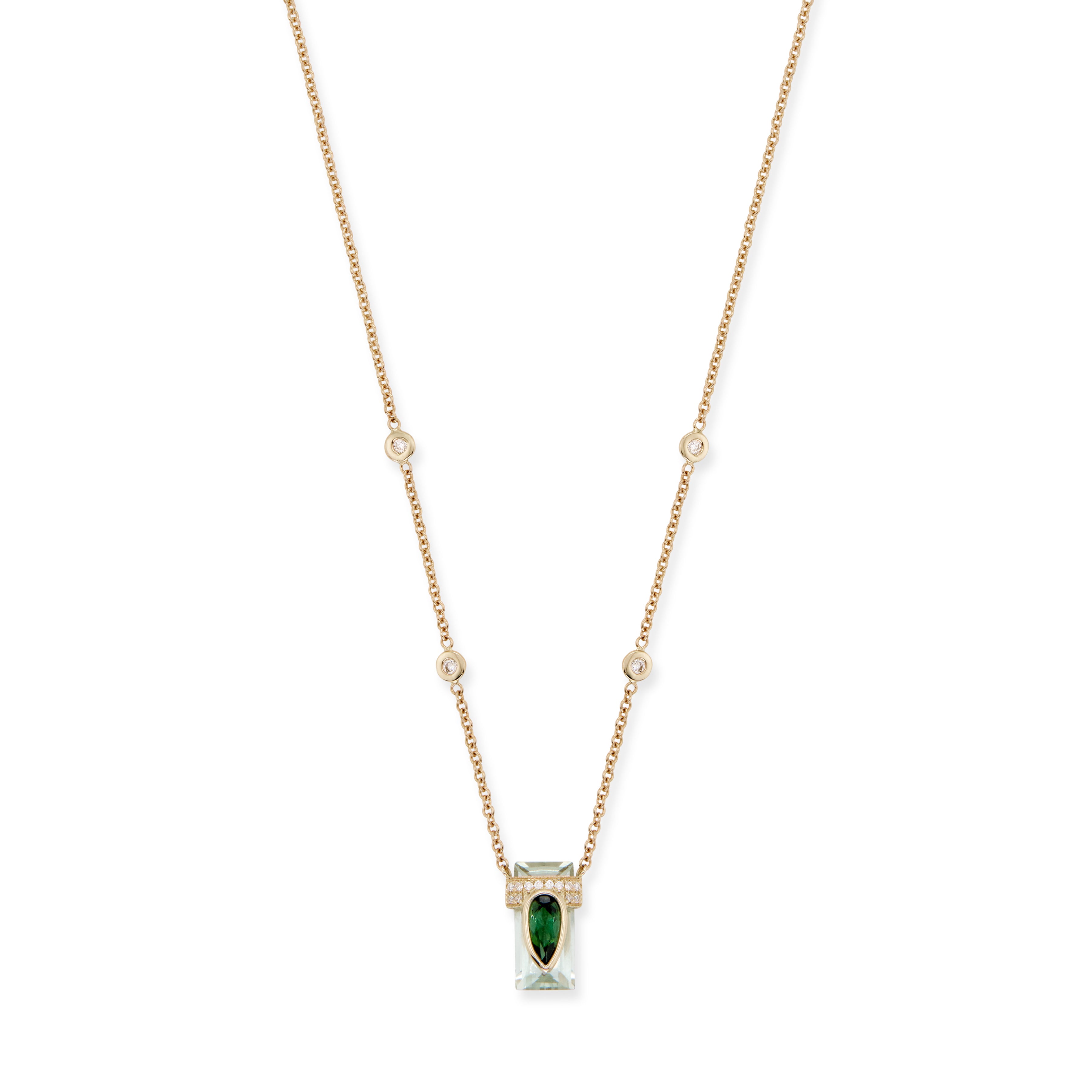 PAVE LARGE GREEN TOURMALINE TEARDROP CAP + LIGHT GREEN TOURMALINE ELONGATED BAGUETTE NECKLACE