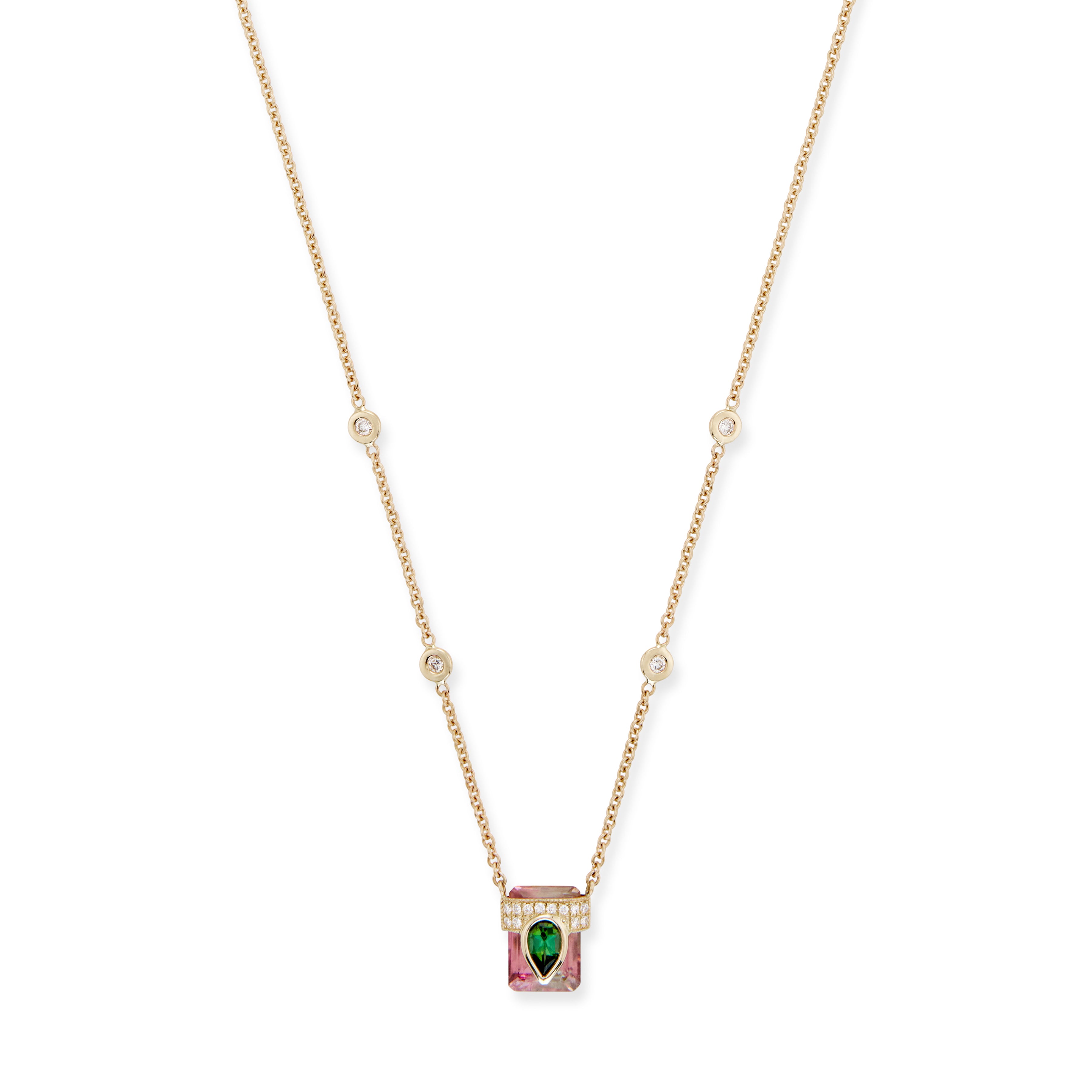 PAVE GREEN TOURMALINE TEARDROP CAP + PINK OMBRE TOURMALINE BAGUETTE NECKLACE