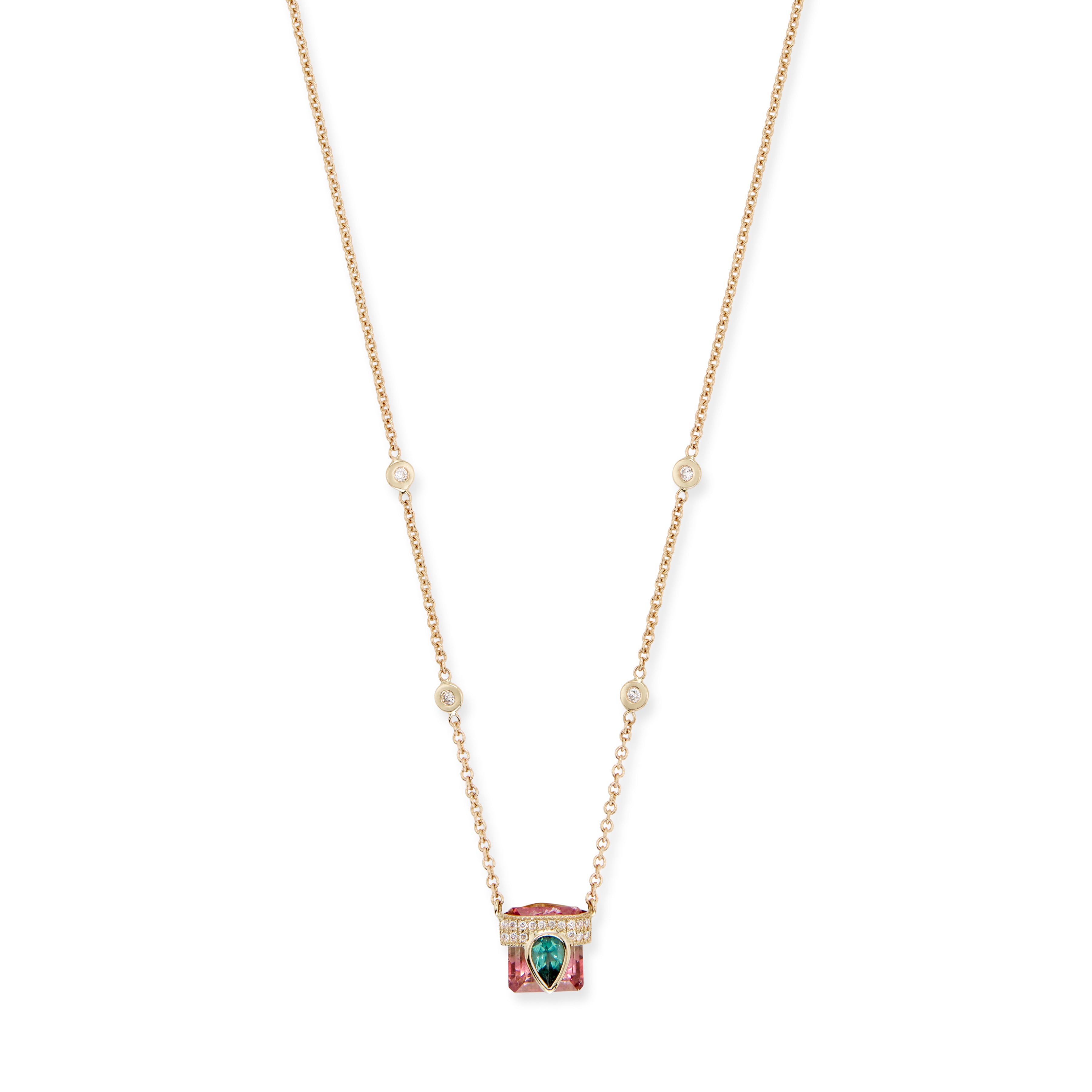 PAVE TEAL TOURMALINE TEARDROP CAP + WATERMELON TOURMALINE BAGUETTE NECKLACE