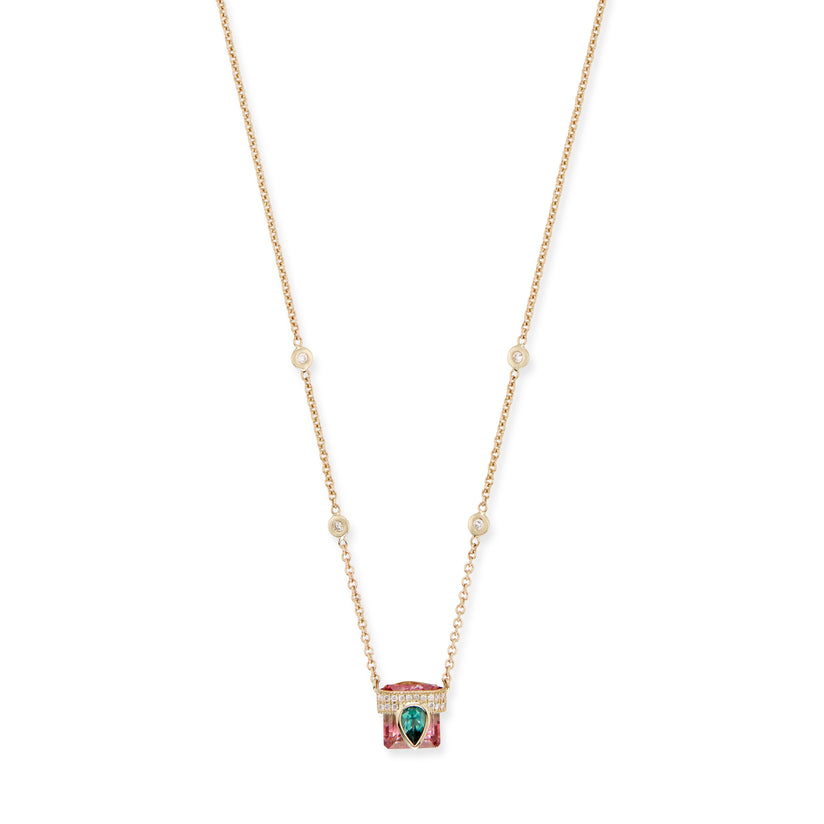 PAVE TEAL TOURMALINE TEARDROP CAP + WATERMELON TOURMALINE BAGUETTE NECKLACE