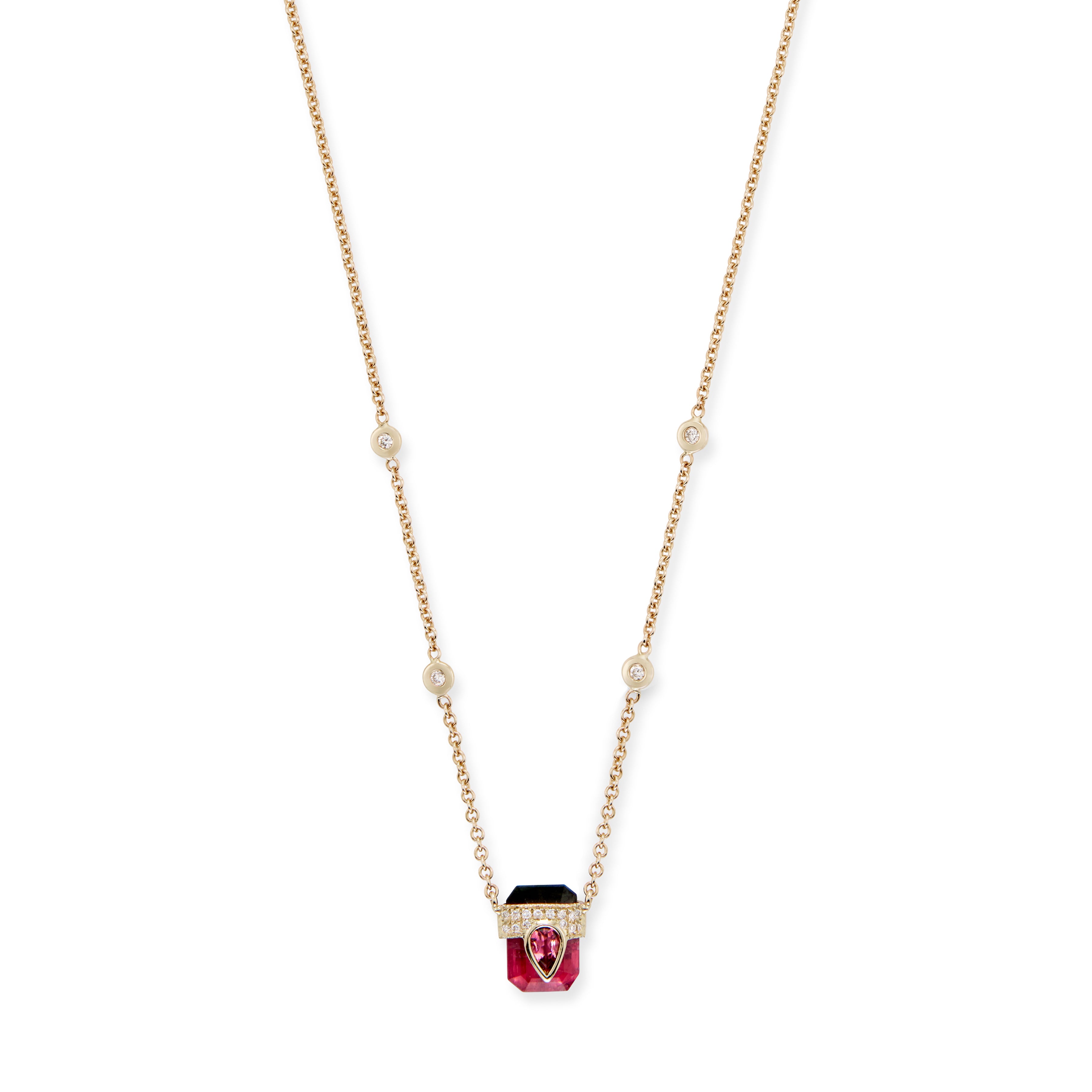 Pave Pink Tourmaline Teardrop Cap + Watermelon Tourmaline Baguette Necklace