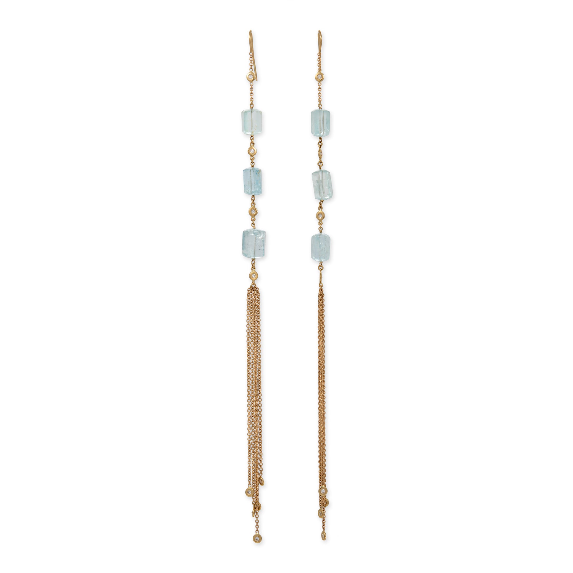 Aquamarine Tube + Diamond Shower Tassel Earrings