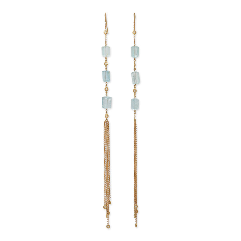 AQUAMARINE TUBE + DIAMOND SHOWER TASSEL EARRINGS (Copy)