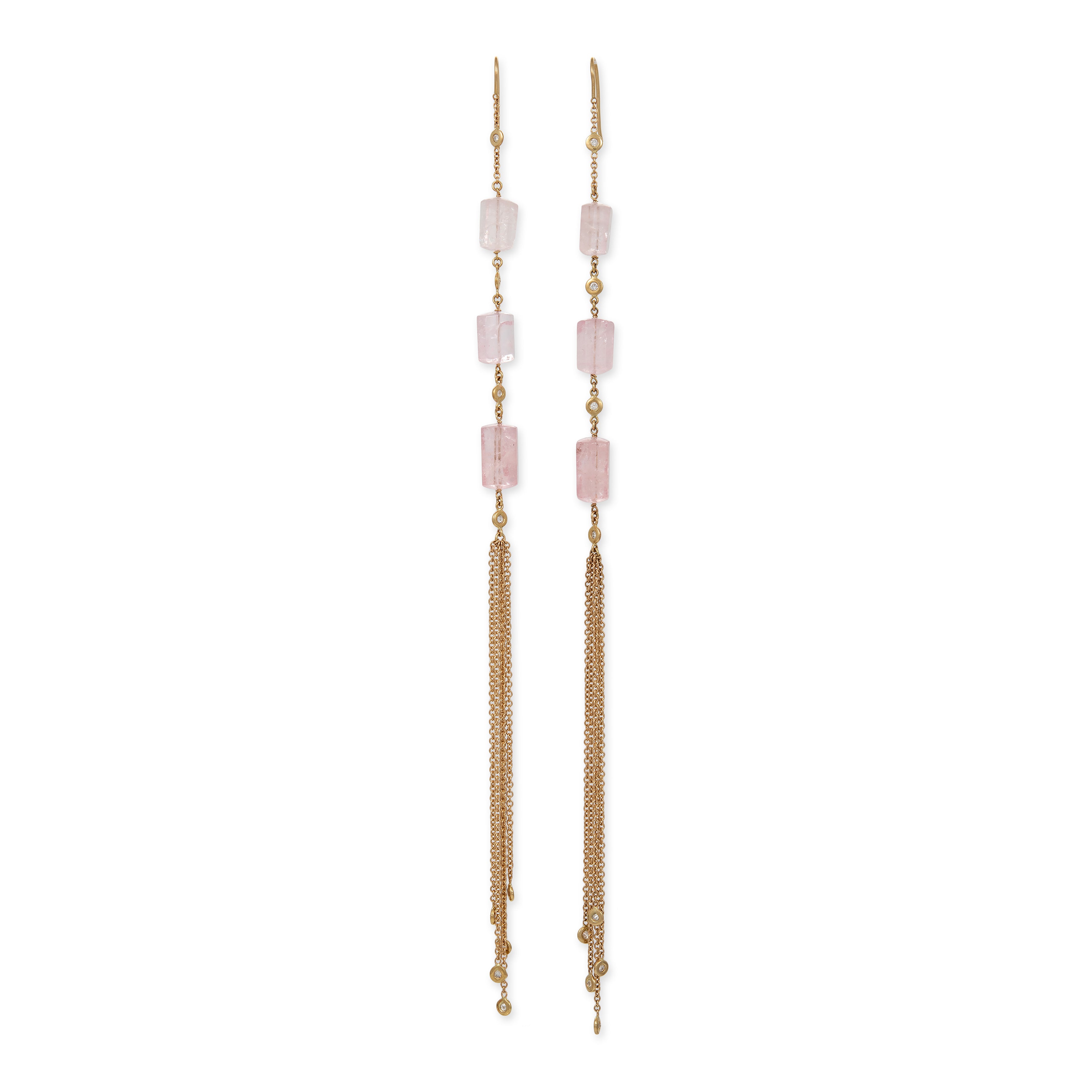 ROSE QUARTZ TUBE + DIAMOND SHOWER TASSEL EARRINGS