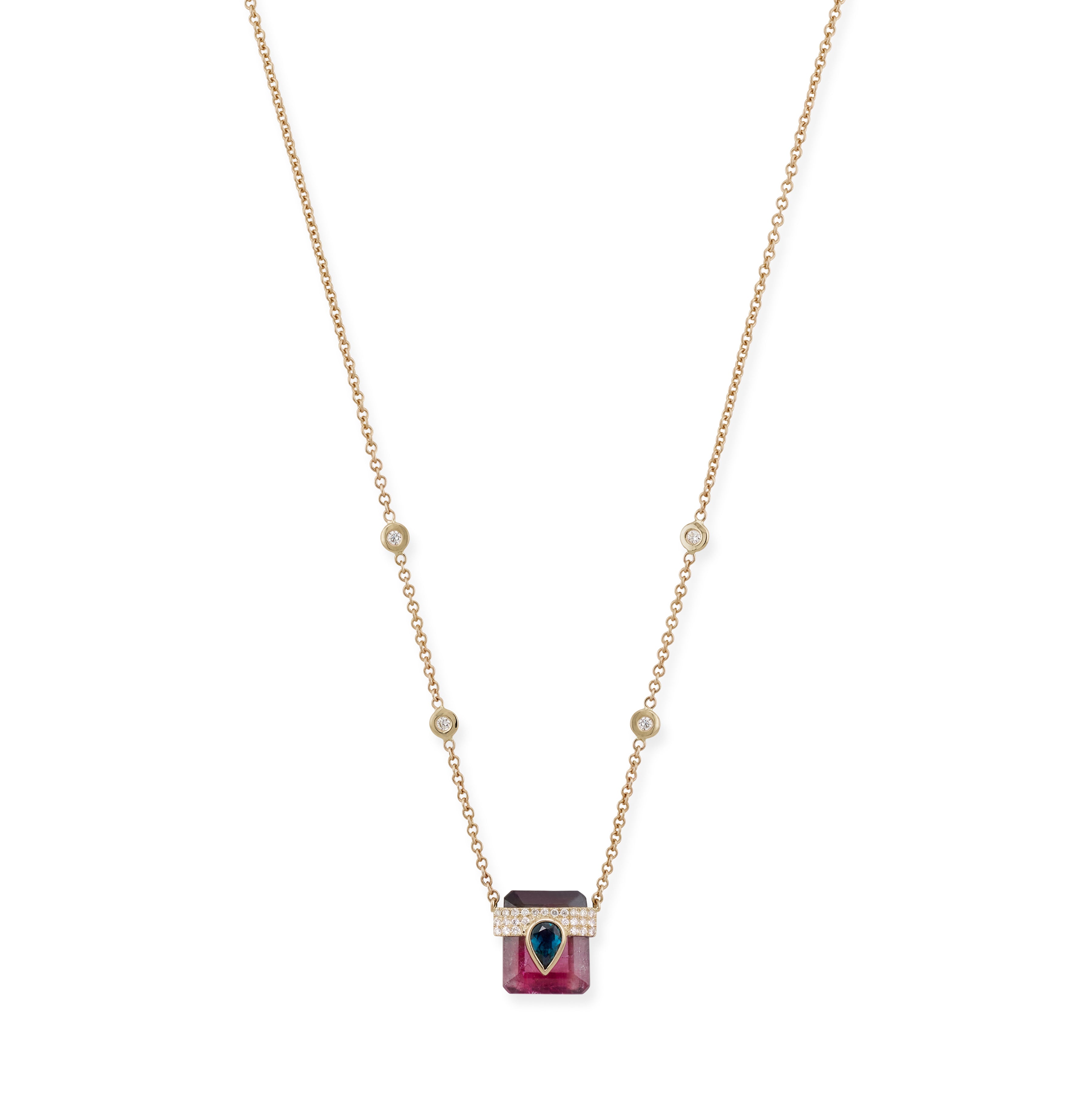 Pave Blue Tourmaline Teardrop Cap + Bi-Color Tourmaline Baguette Necklace