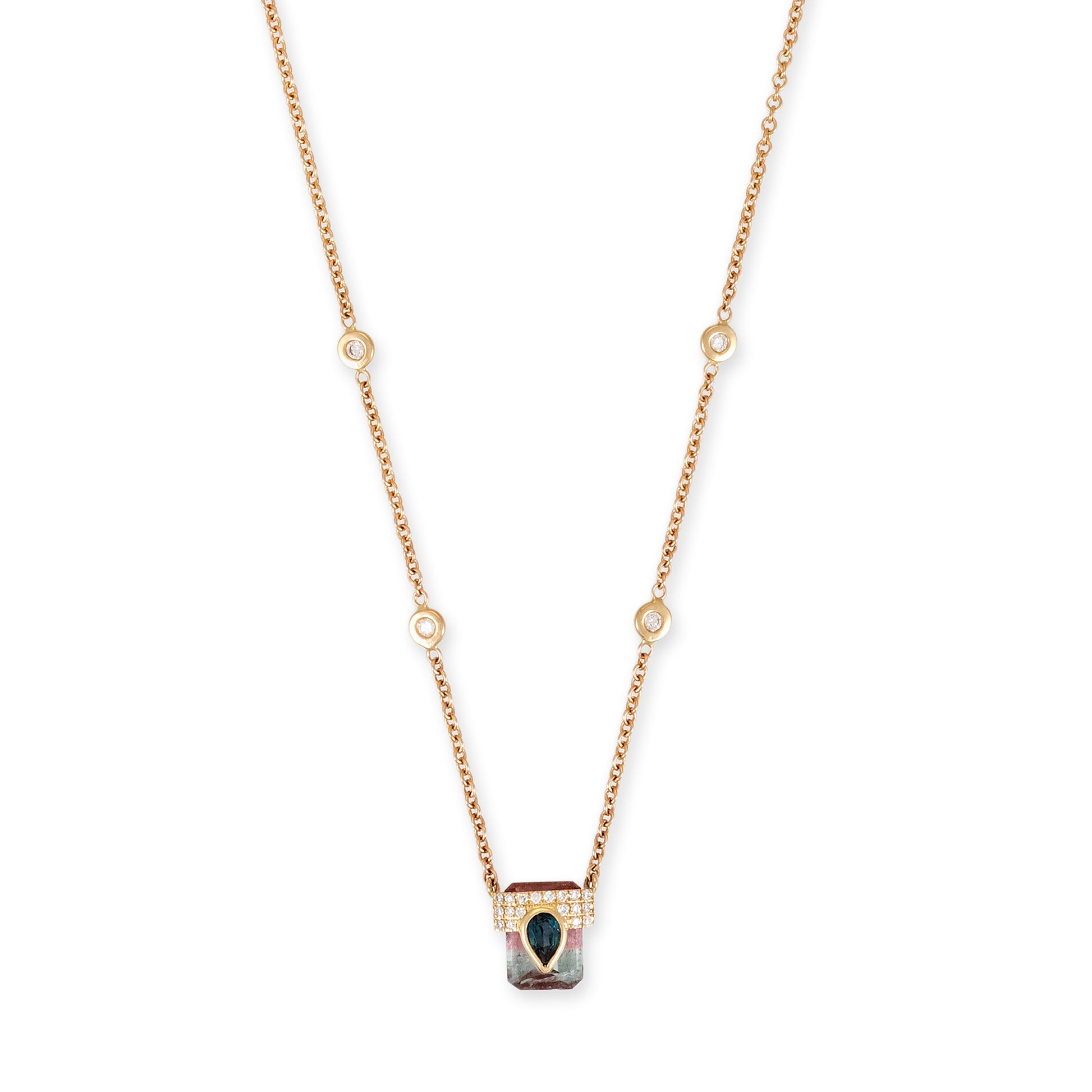 Pave Blue Tourmaline Teardrop Cap + Bi-Color Tourmaline Baguette Necklace
