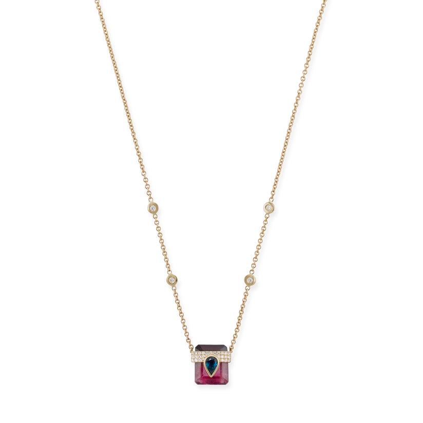 Pave Blue Tourmaline Teardrop Cap + Bi-Color Tourmaline Baguette Necklace