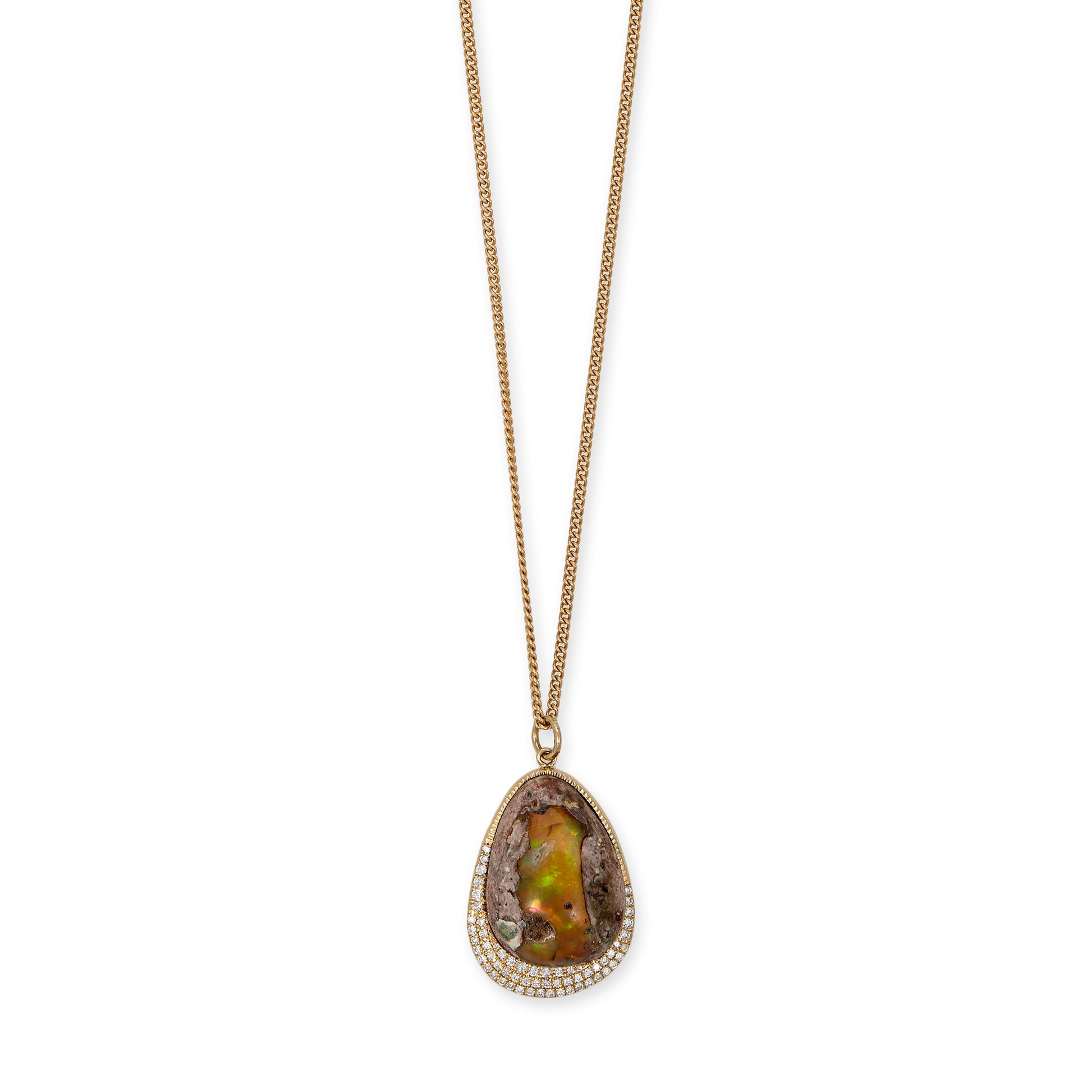 Pave Boulder Opal Teardrop Charm Curb Chain Necklace