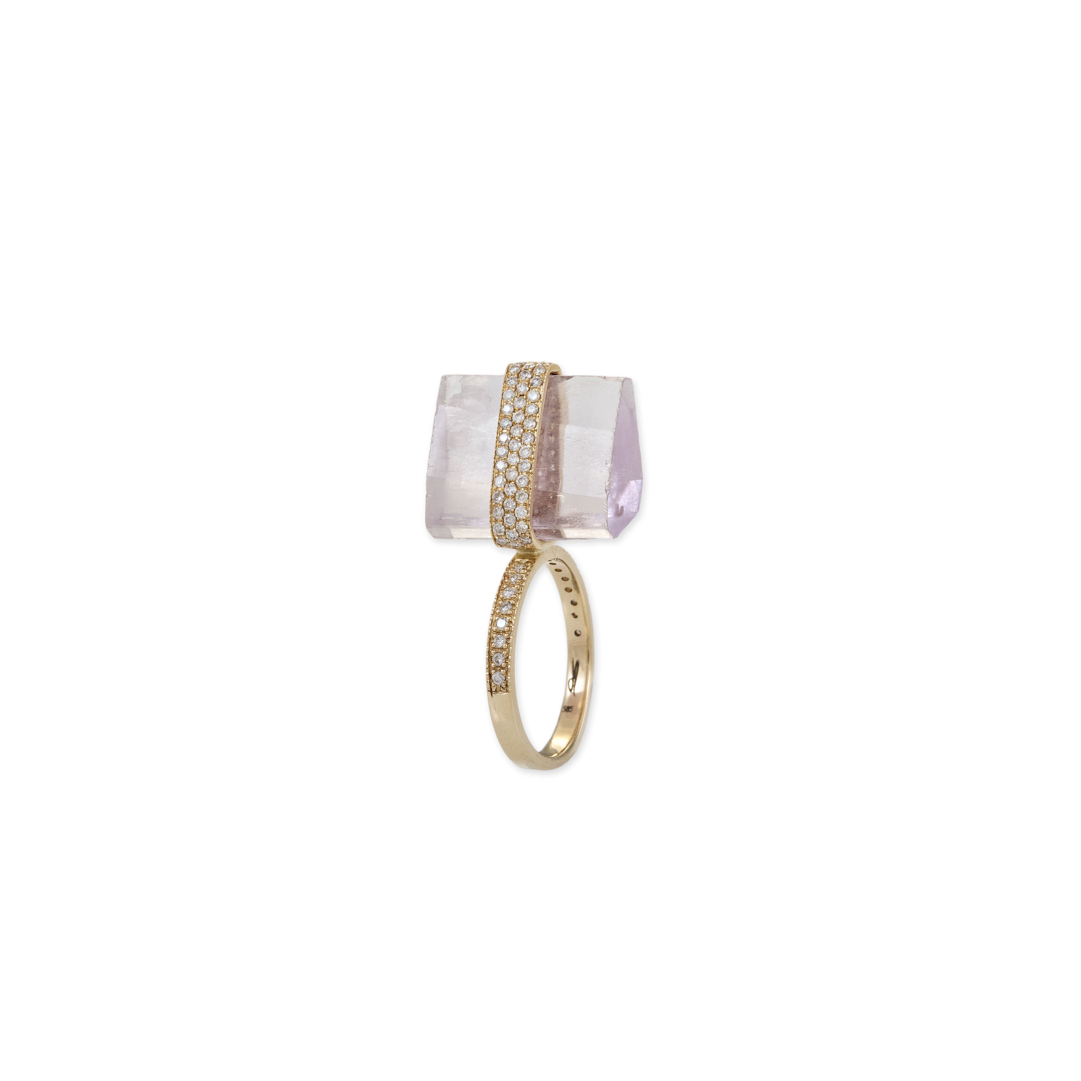 Pave Diamond Raw Kunzite Ring
