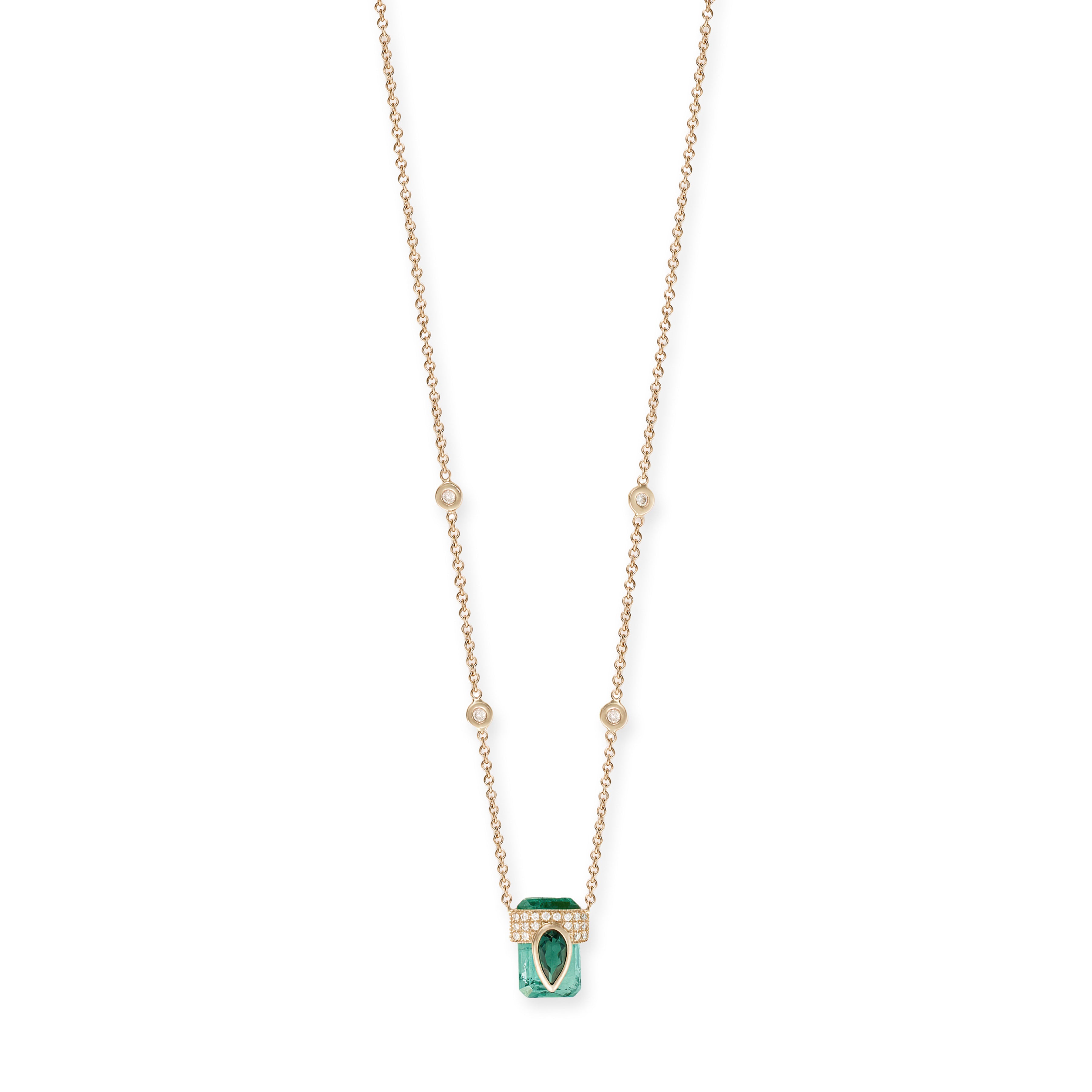 PAVE GREEN TOURMALINE TEARDROP CAP + GREEN TOURMALINE BAGUETTE NECKLACE