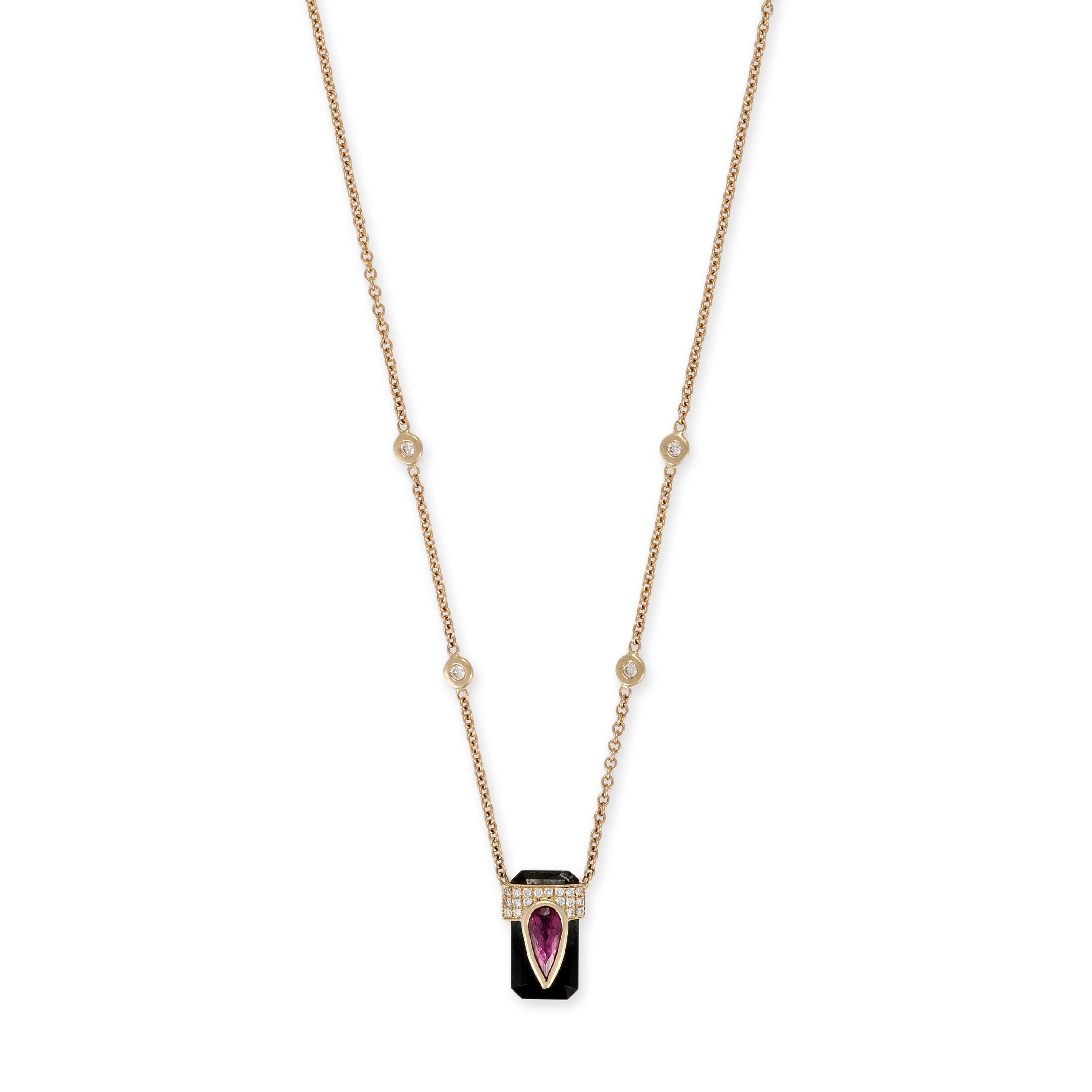 PAVE PINK TOURMALINE TEARDROP CAP + GREEN TOURMALINE BAGUETTE NECKLACE