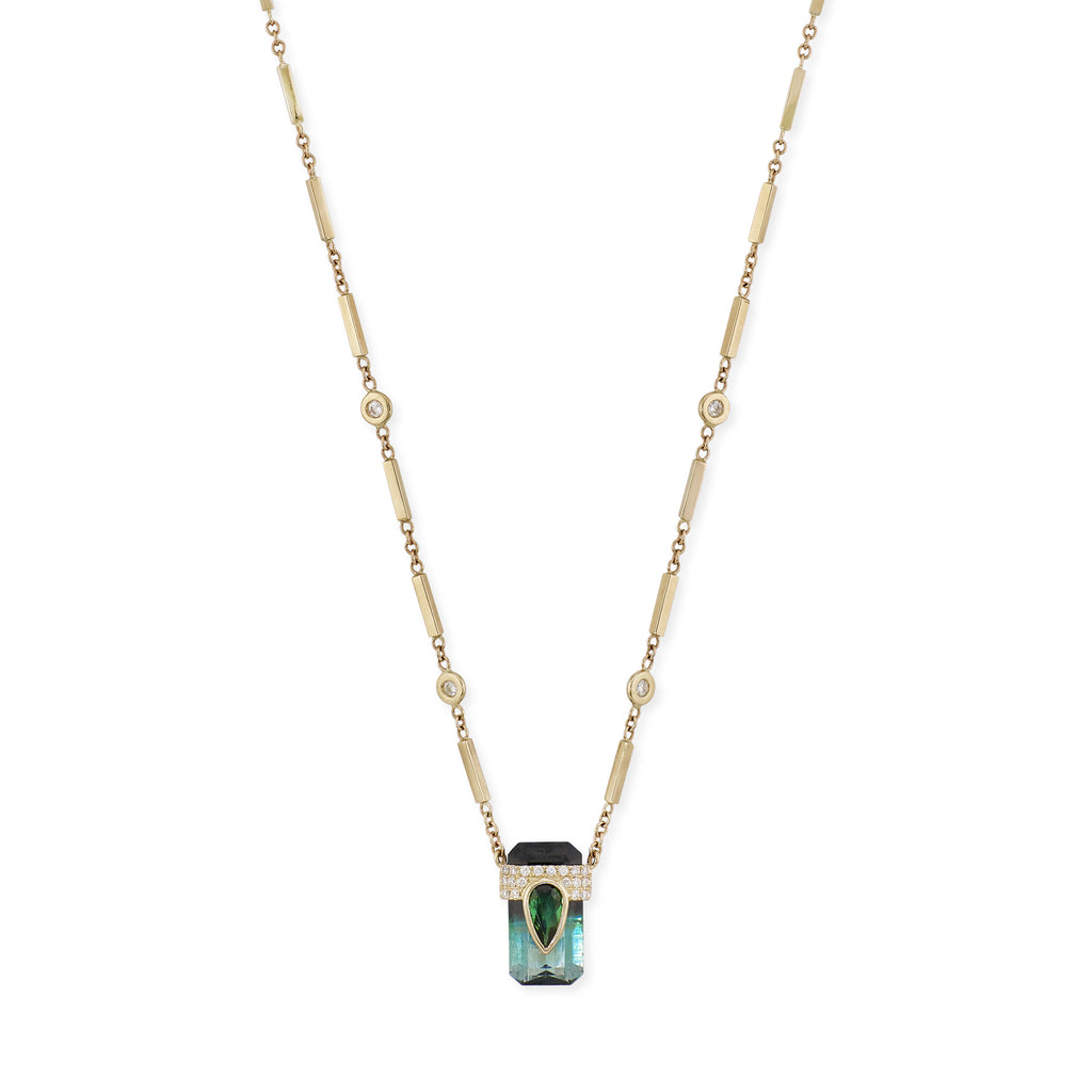 Pave Blue Tourmaline Teardrop Cap + Ombre Blue Tourmaline Baguette Necklace