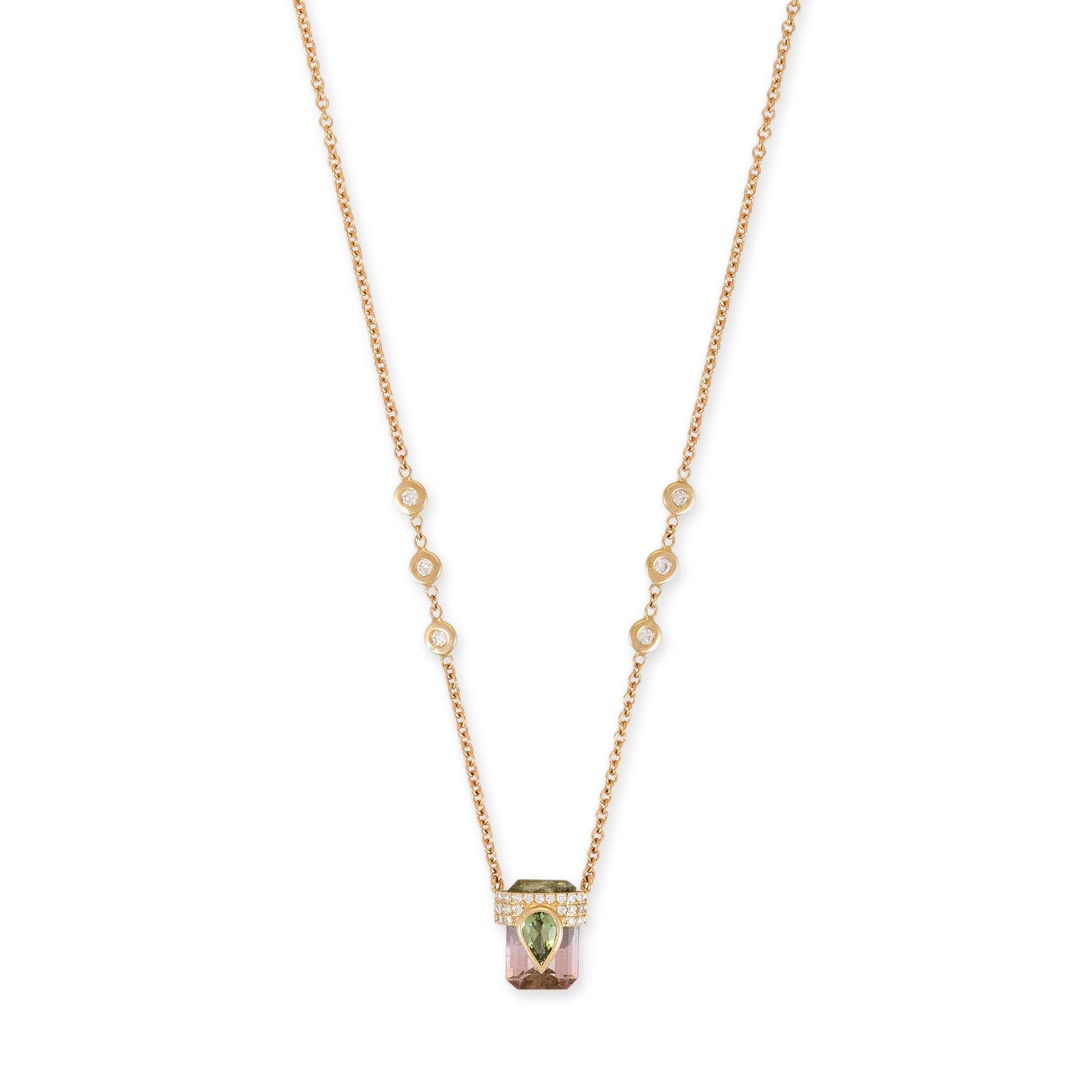 Pave Green Tourmaline Teardrop Cap + Watermelon Tourmaline Baguette Necklace