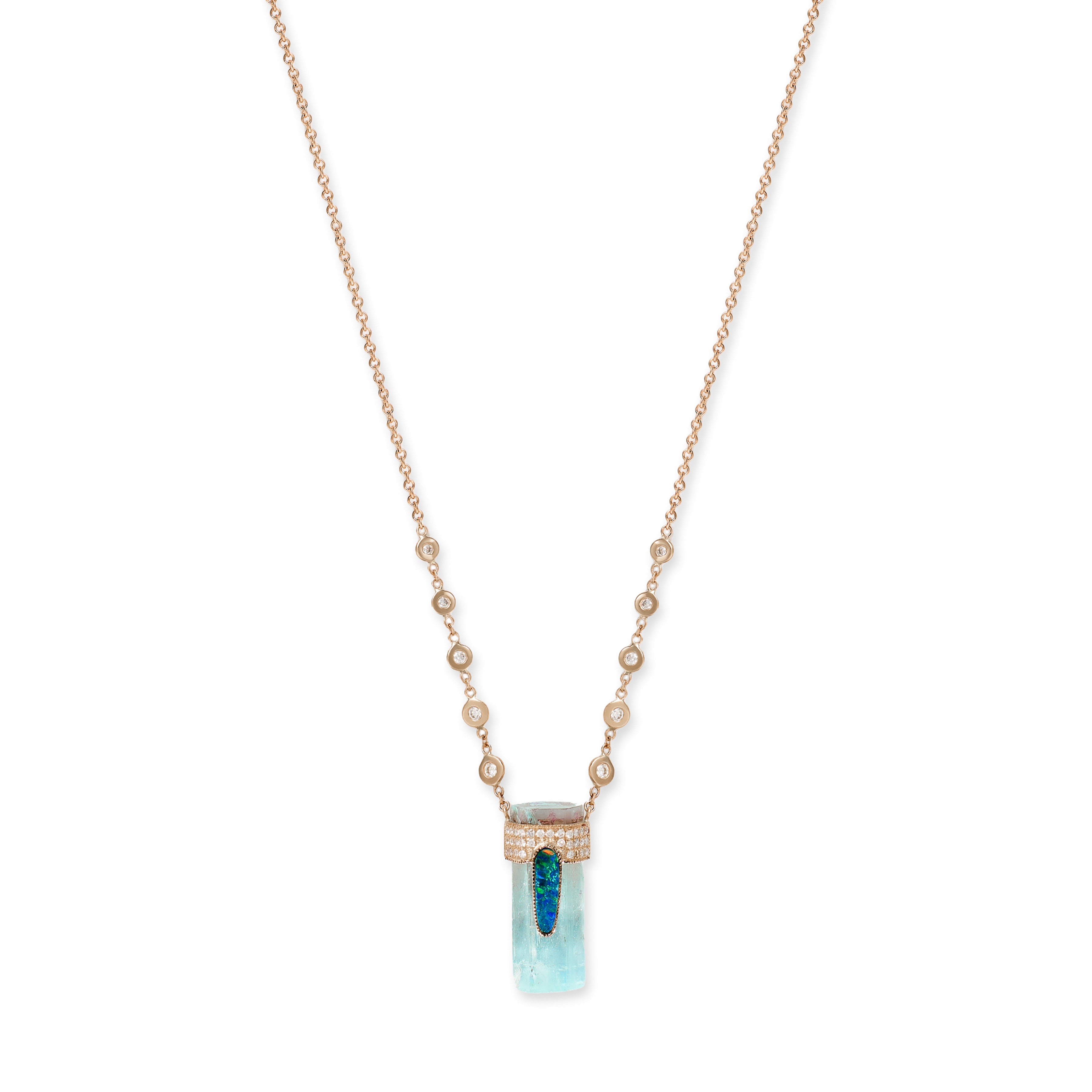 PAVE OPAL CAP + AQUAMARINE CRYSTAL NECKLACE