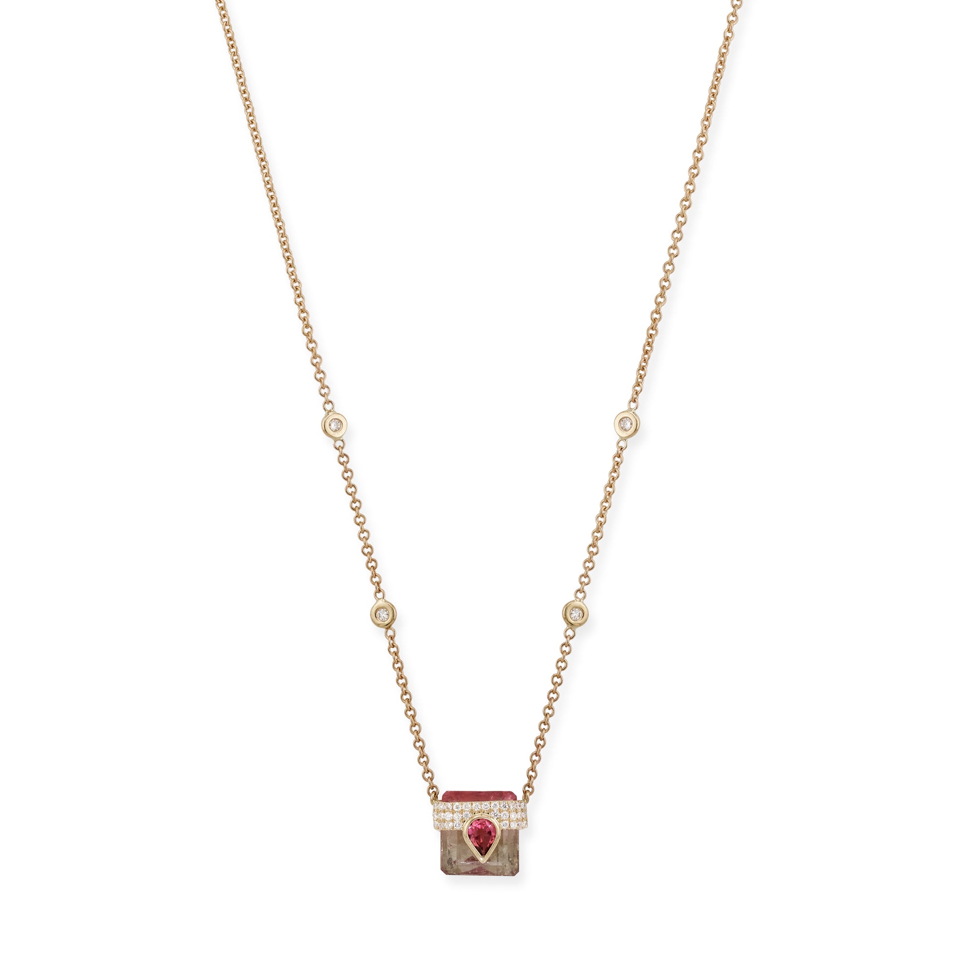 Pave Pink Tourmaline Teardrop Cap + Pink Neutral Tourmaline Baguette Necklace