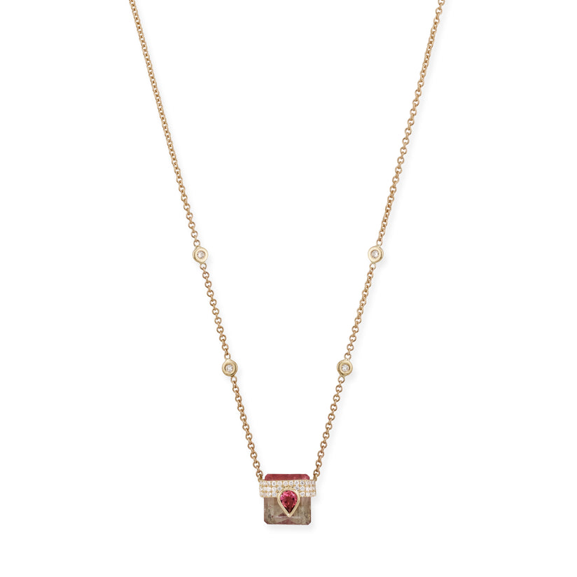 Pave Pink Tourmaline Teardrop Cap + Pink Neutral Tourmaline Baguette Necklace