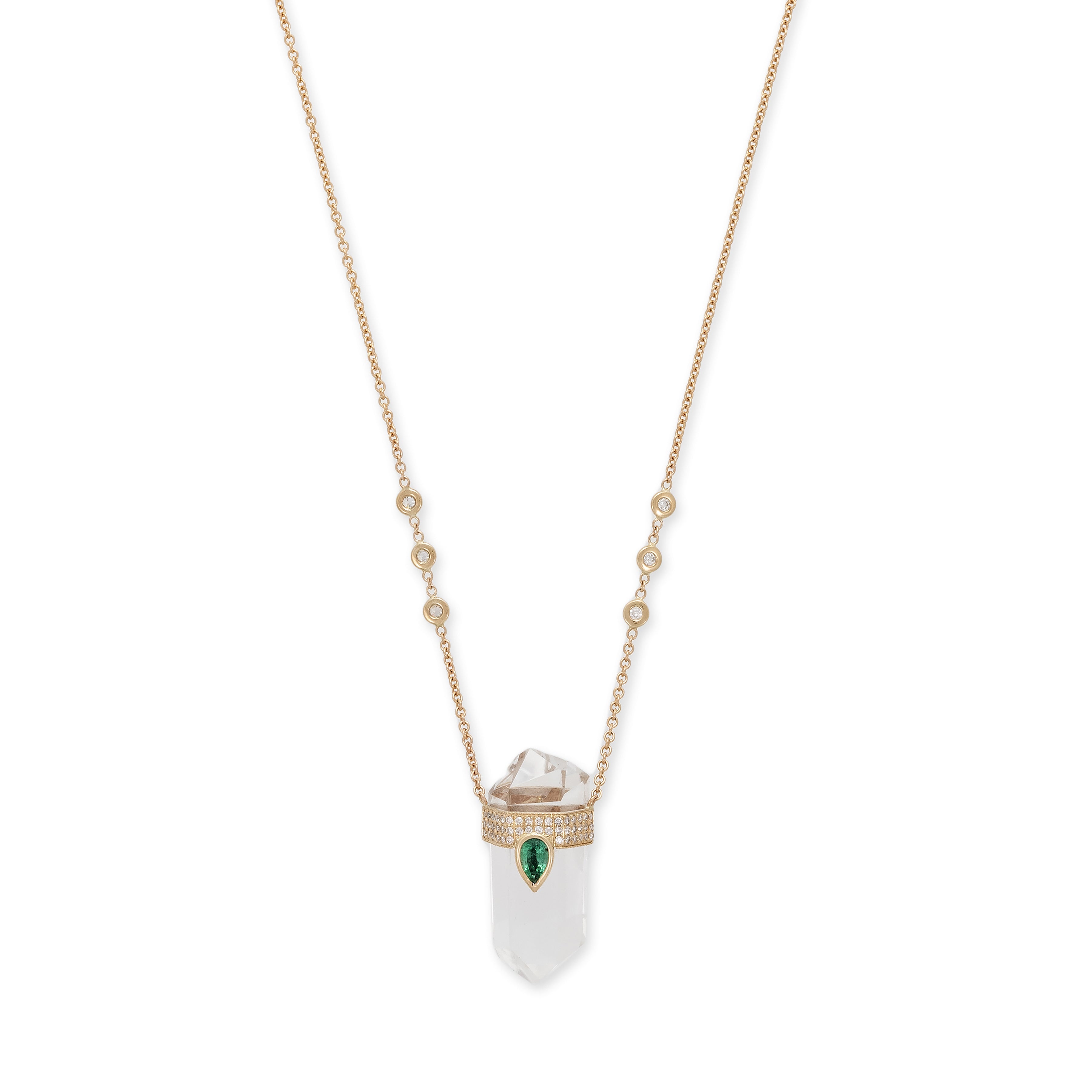 PAVE EMERALD TEARDROP CAP + CLEAR QUARTZ CRYSTAL NECKLACE