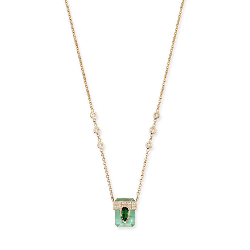 PAVE GREEN TOURMALINE TEARDROP CAP + LIGHT GREEN TOURMALINE BAGUETTE NECKLACE