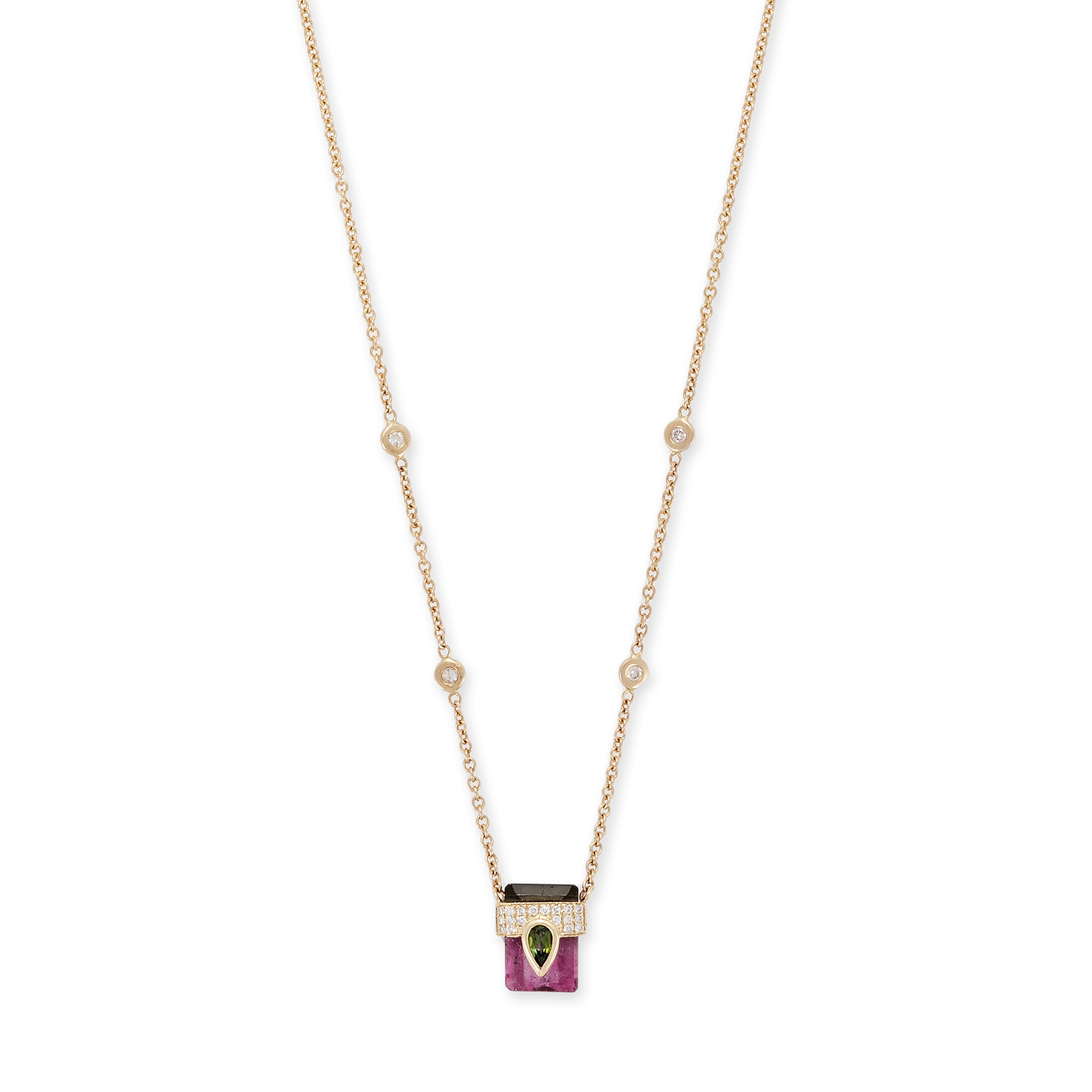 Pave Green Tourmaline Teardrop Cap + Watermelon Tourmaline Baguette Crystal Necklace