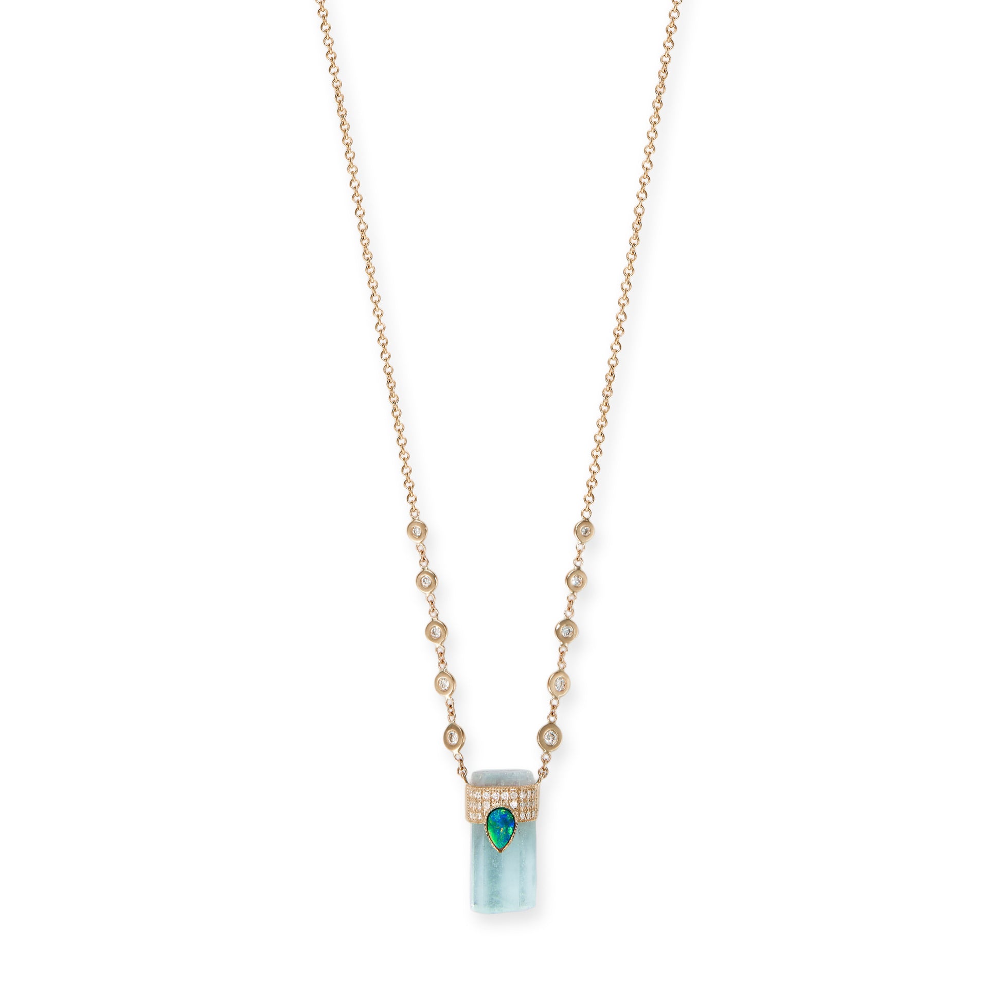 Pave Opal Teardrop Cap + Aquamarine Crystal Necklace
