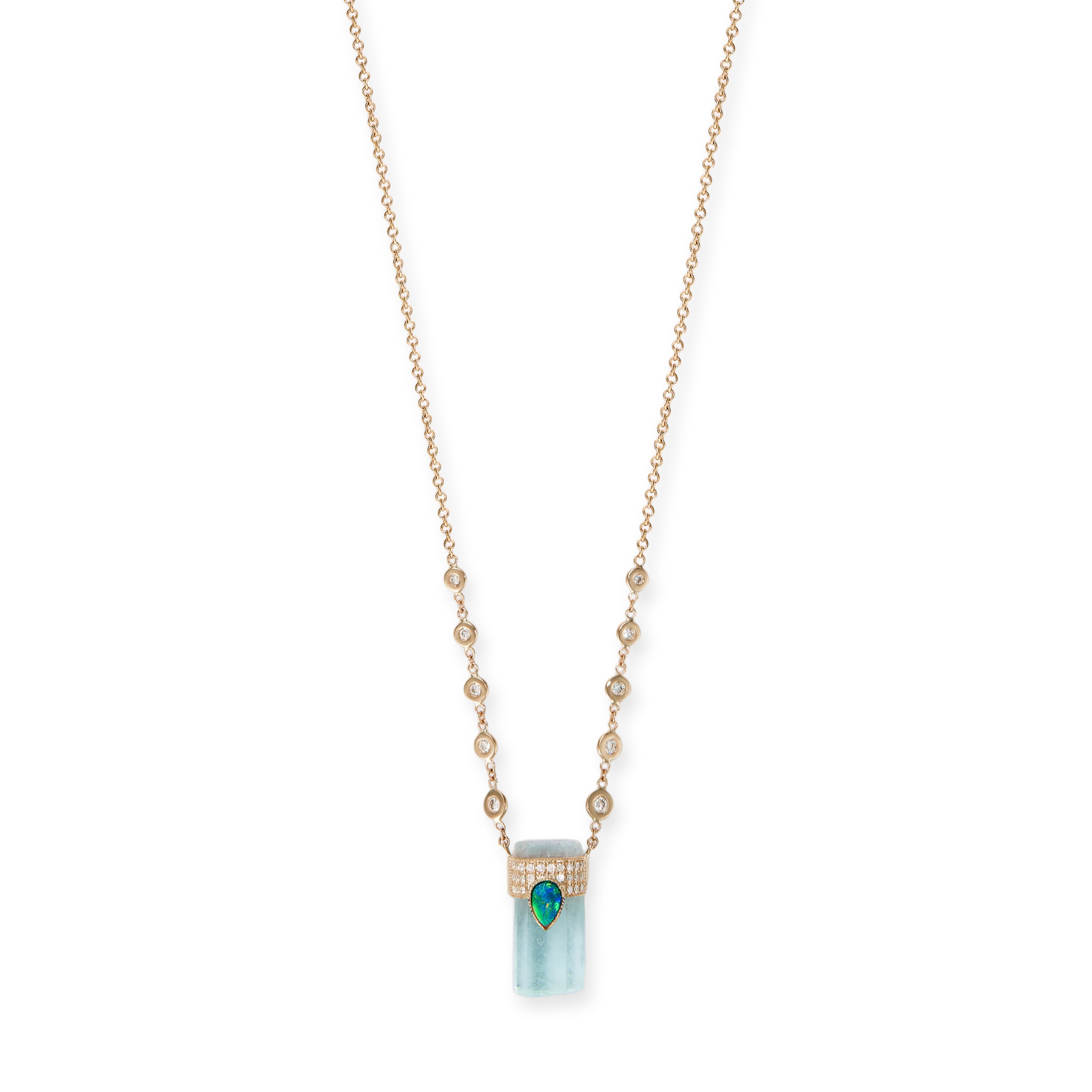 Pave Opal Teardrop Cap + Aquamarine Crystal Necklace