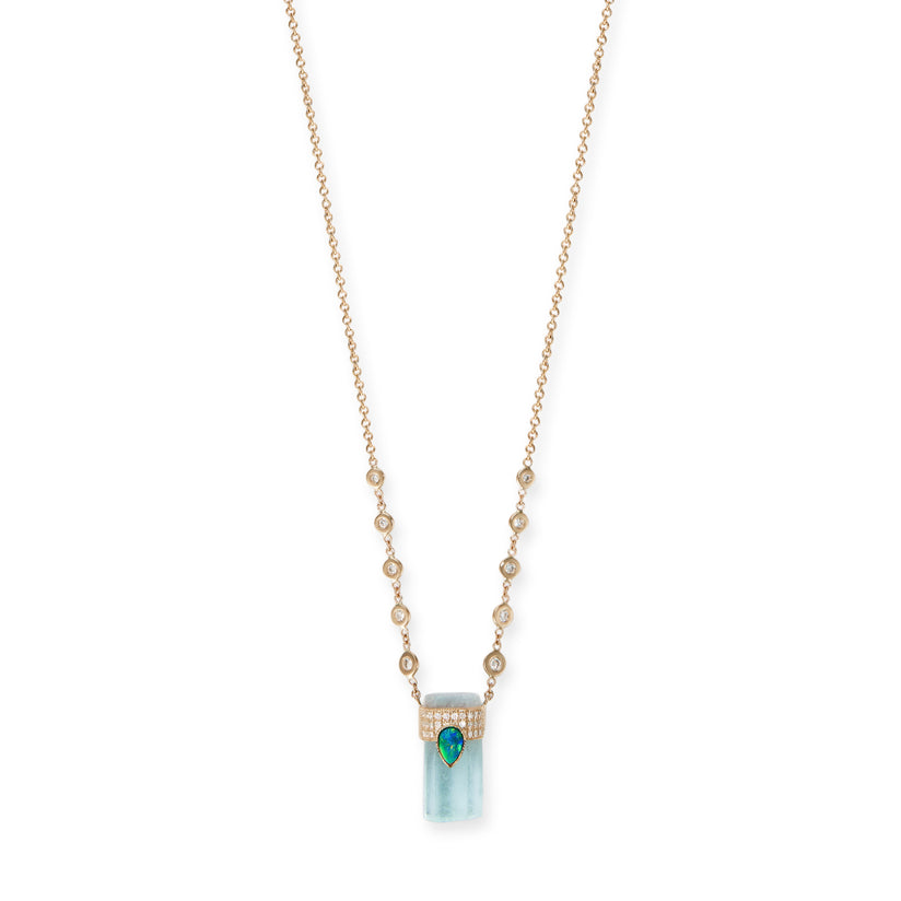 PAVE OPAL TEARDROP CAP + AQUAMARINE CRYSTAL NECKLACE