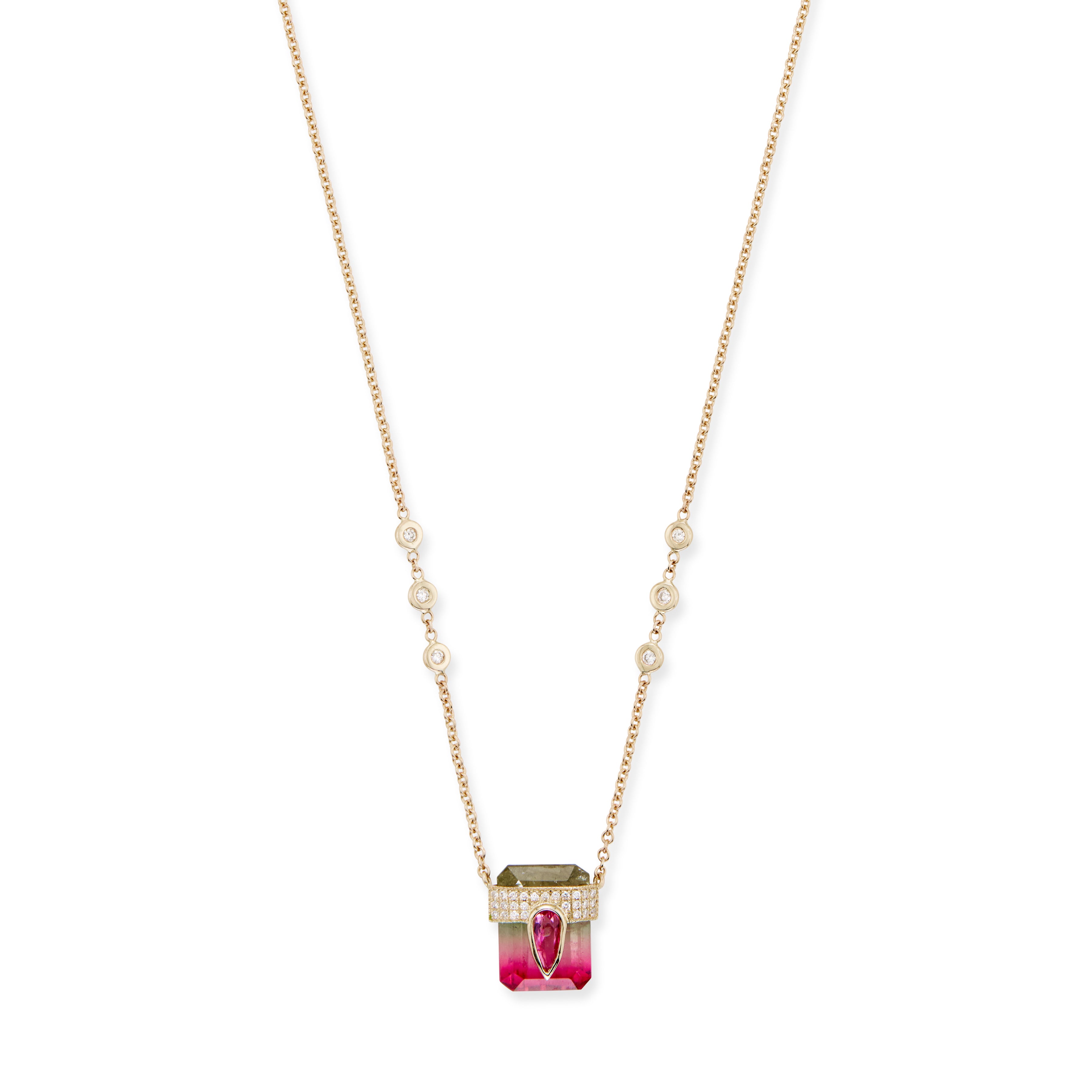 PAVE PINK TOURMALINE TEARDROP CAP + WATERMELON TOURMALINE BAGUETTE NECKLACE