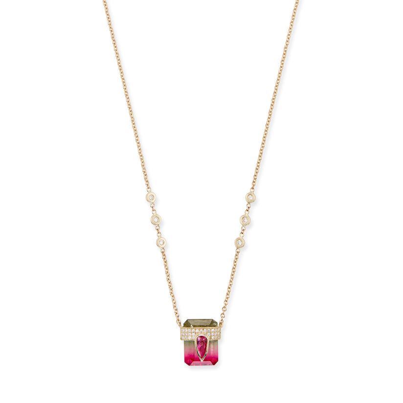 PAVE PINK TOURMALINE TEARDROP CAP + WATERMELON TOURMALINE BAGUETTE NECKLACE