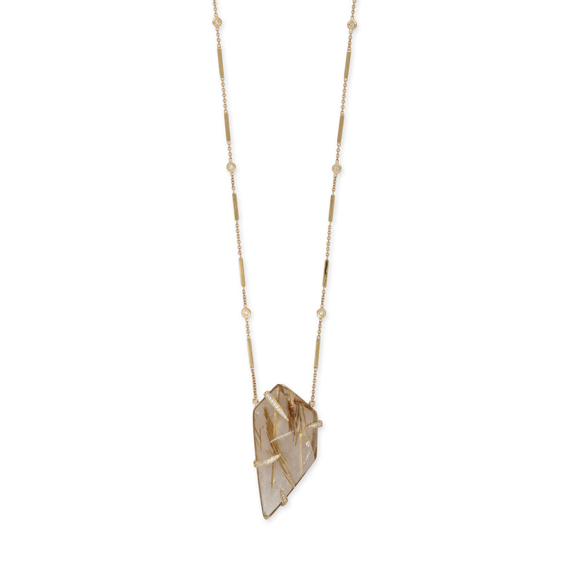 PAVE CLAW LARGE RUTILATED QUARTZ CRYSTAL SMOOTH BAR NECKLACE