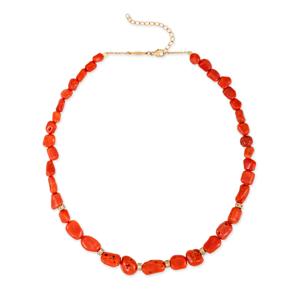 Pave Diamond Rondelles On Coral Beaded Necklace