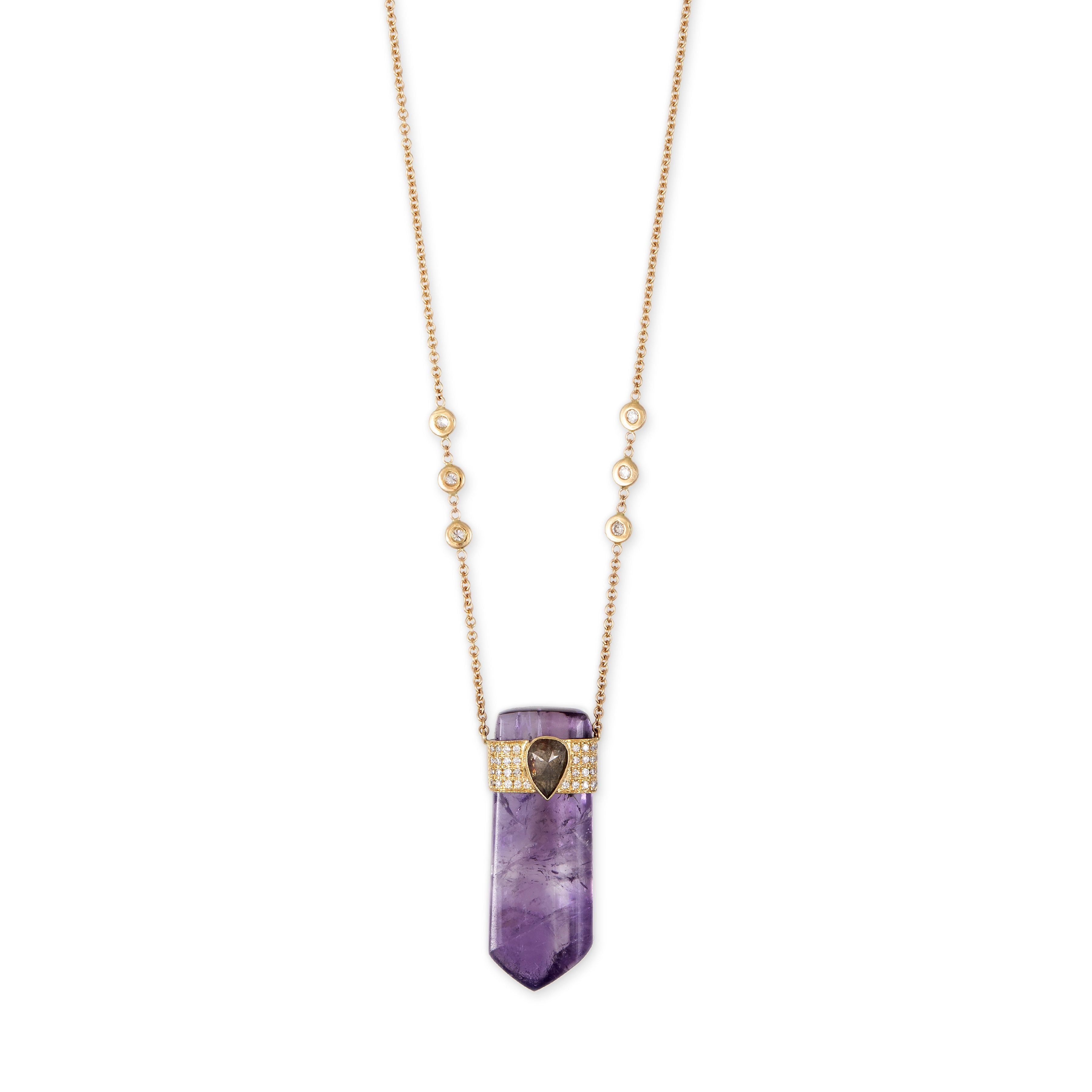 PAVE ROSE CUT DIAMOND CENTER CAP AMETHYST POINTED CRYSTAL NECKLACE