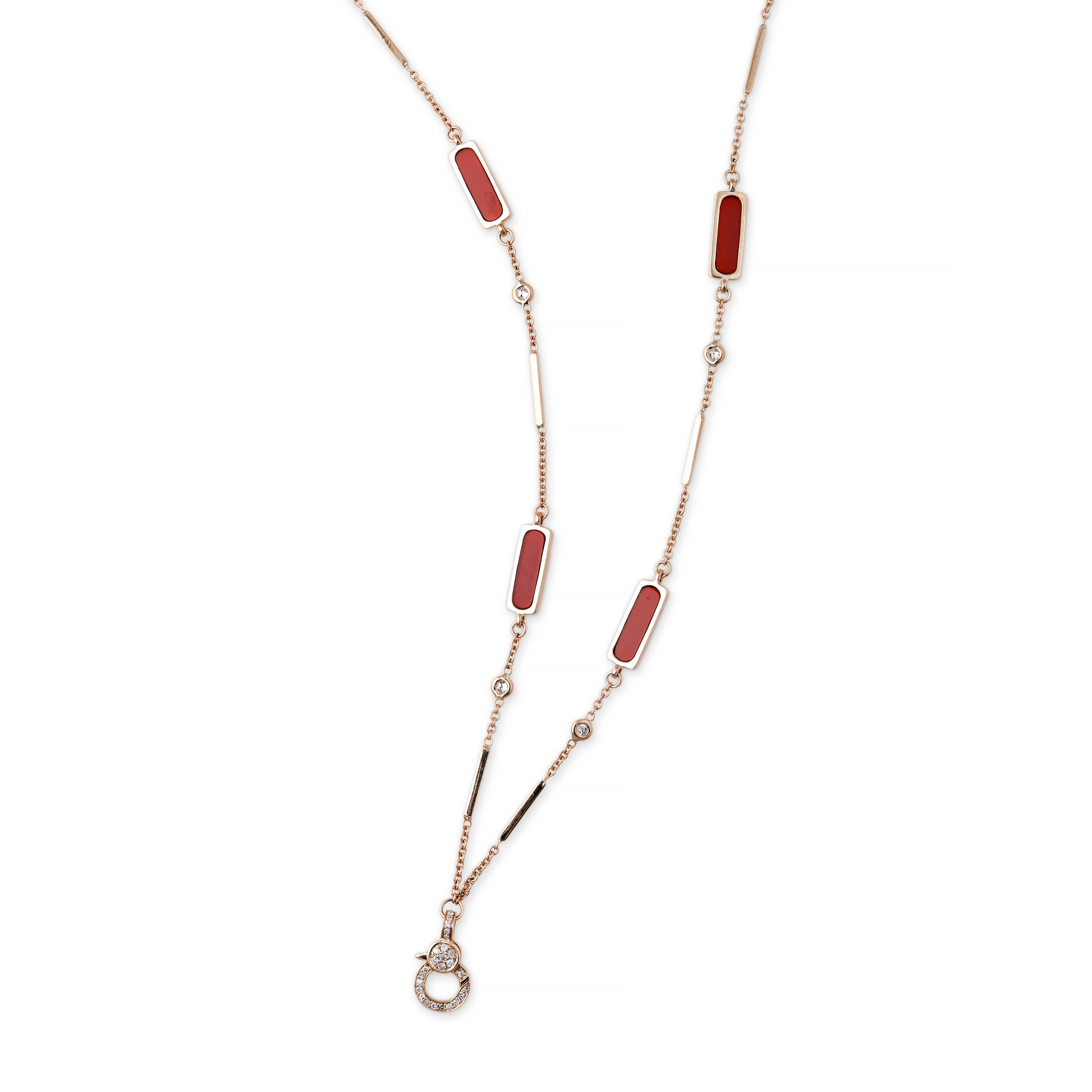 PAVE CHARM CLIP 4 RED AGATE INLAY DIAMOND SMOOTH BAR NECKLACE