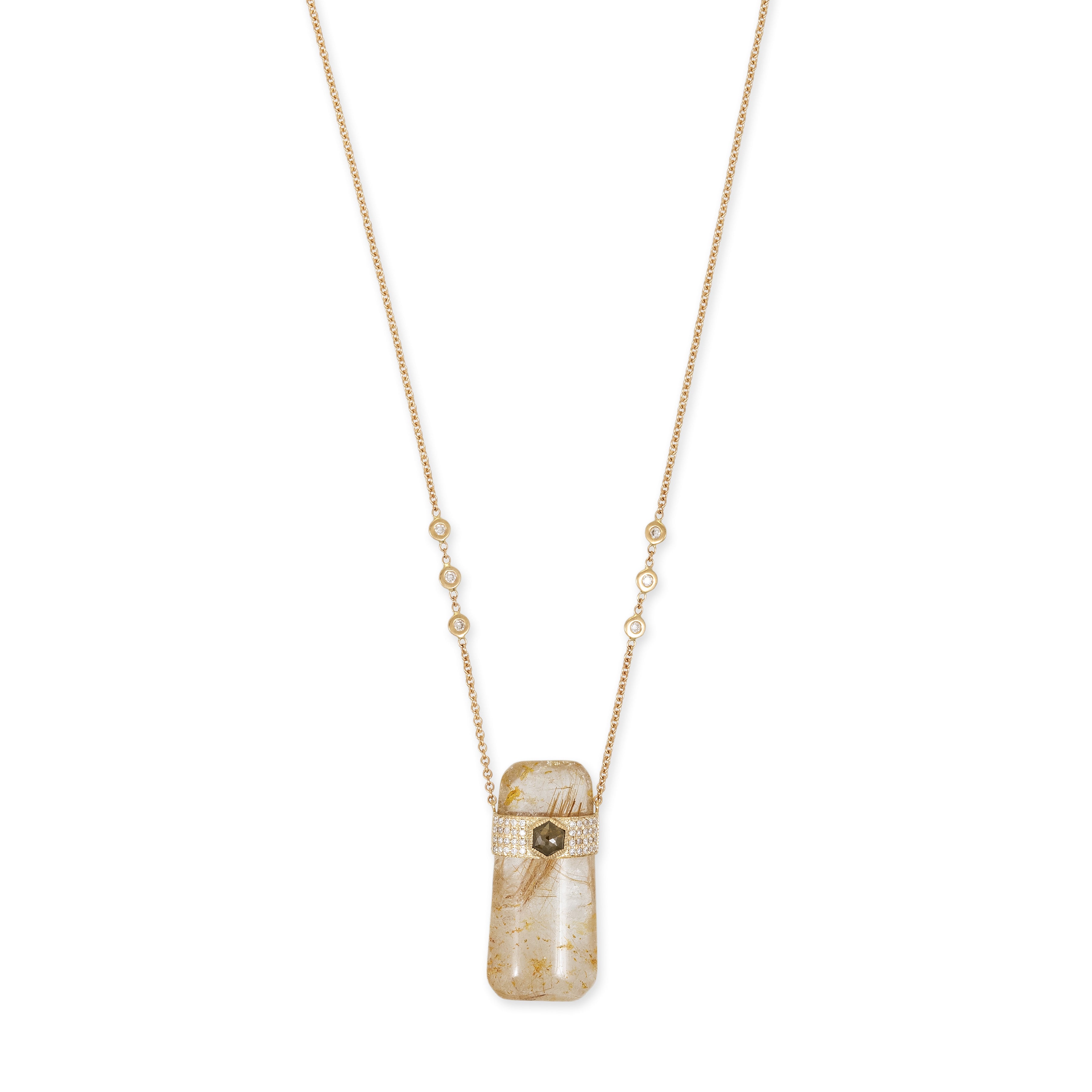 Pave Rose Cut Diamond Cap Tapered Rutilated Quartz Crystal Necklace