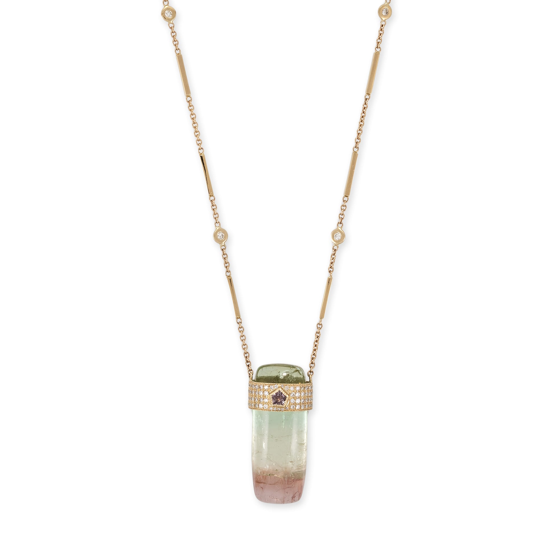 PAVE SAPPHIRE CENTER CAP + WATERMELON TOURMALINE CRYSTAL NECKLACE