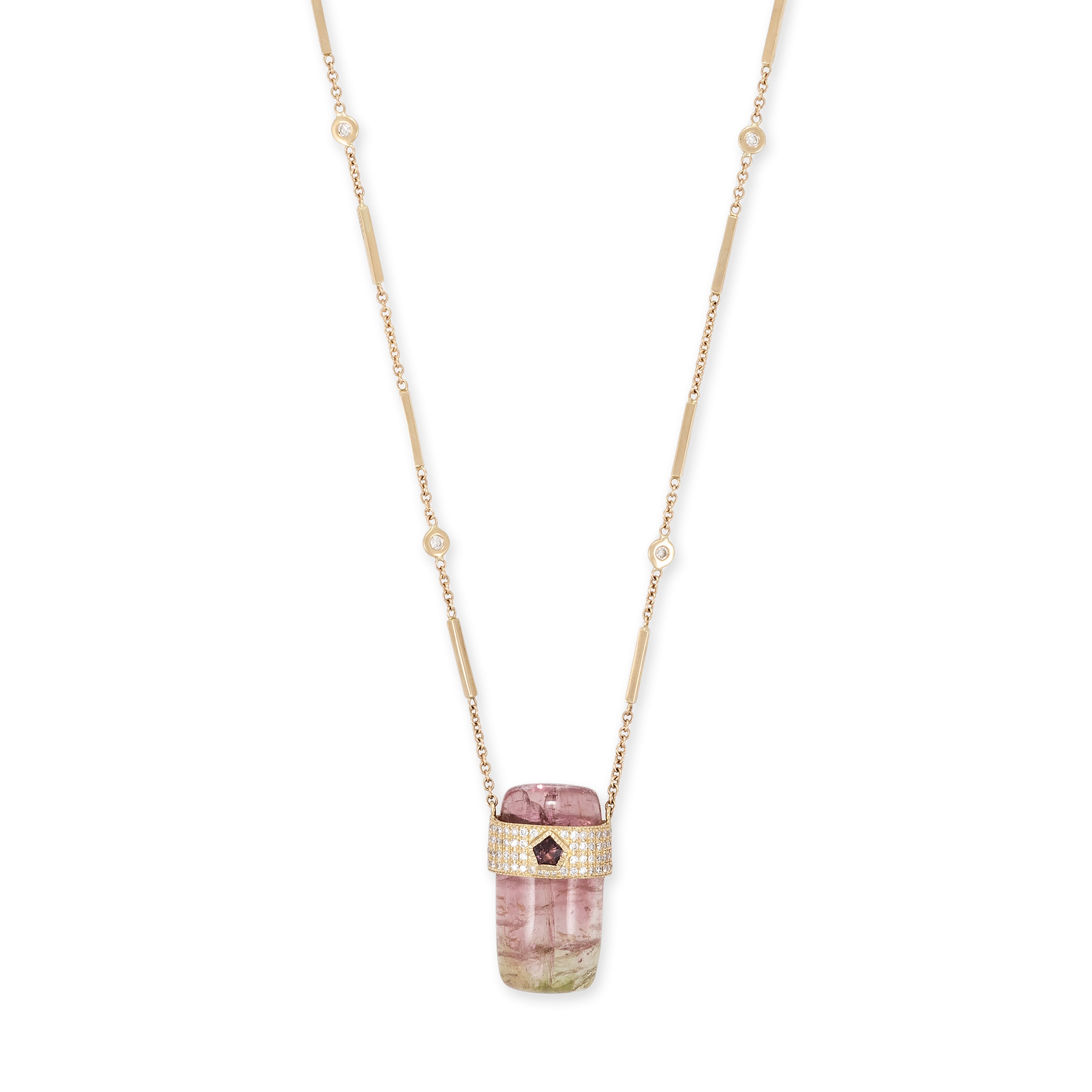 PAVE PINK SAPPHIRE CENTER CAP + WATERMELON TOURMALINE CRYSTAL NECKLACE