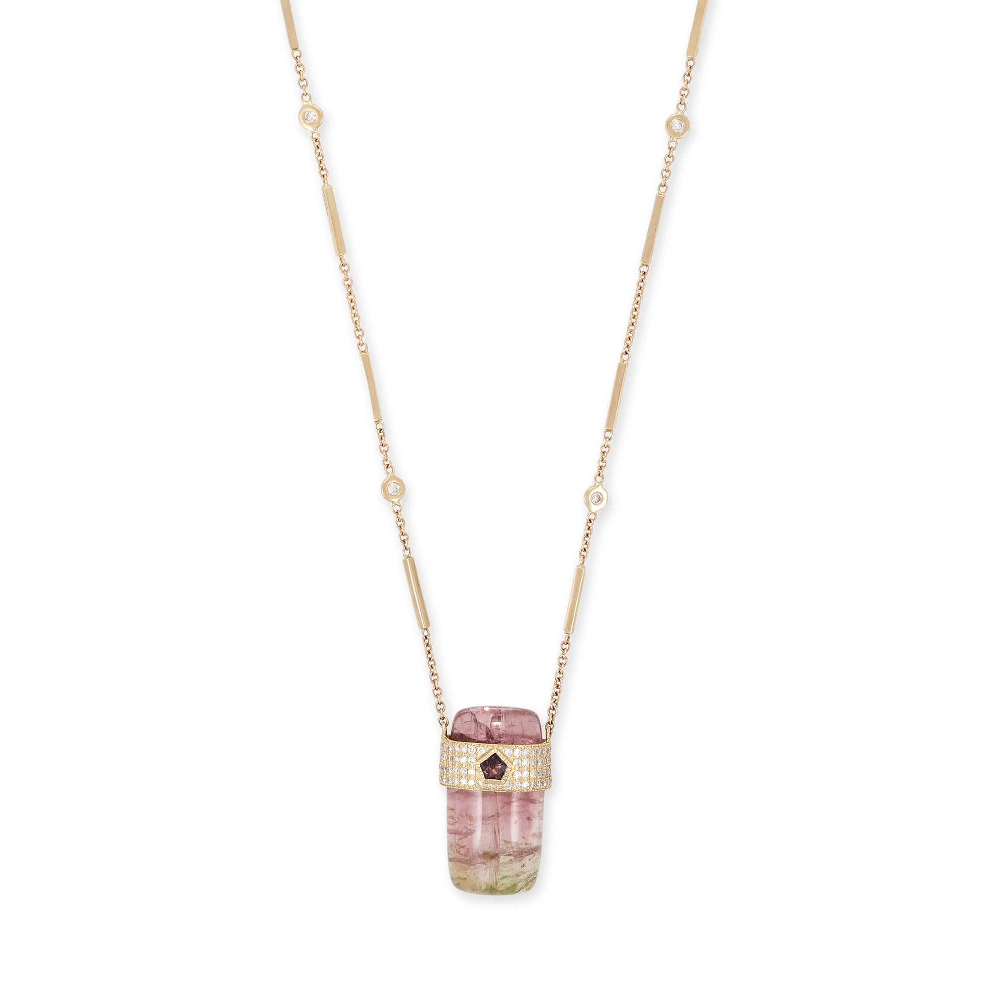 Pavé Pink Sapphire Center Cap + Watermelon Tourmaline Crystal Necklace
