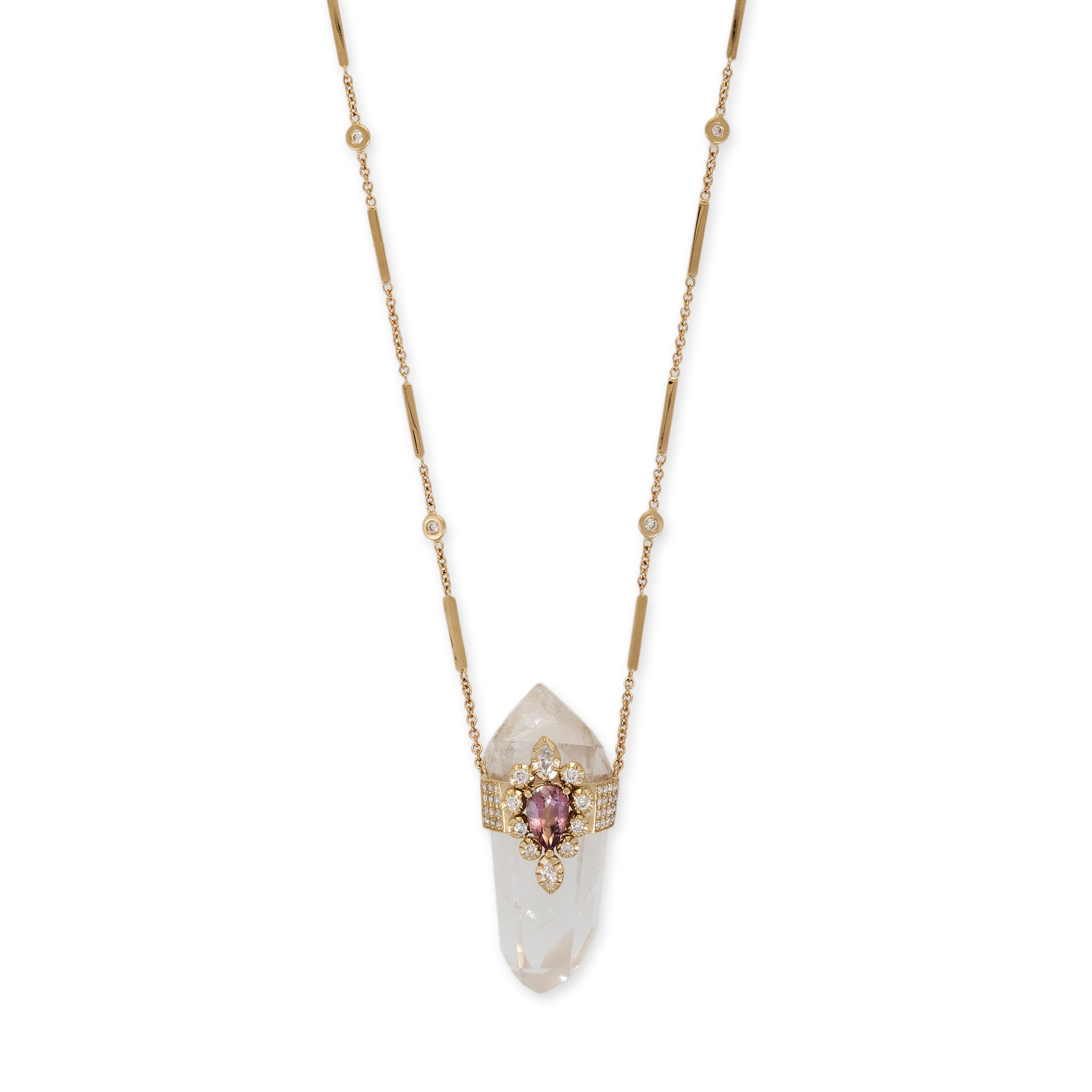 PAVE SOPHIA DIAMOND PINK TOURMALINE CAP CLEAR QUARTZ CRYSTAL NECKLACE